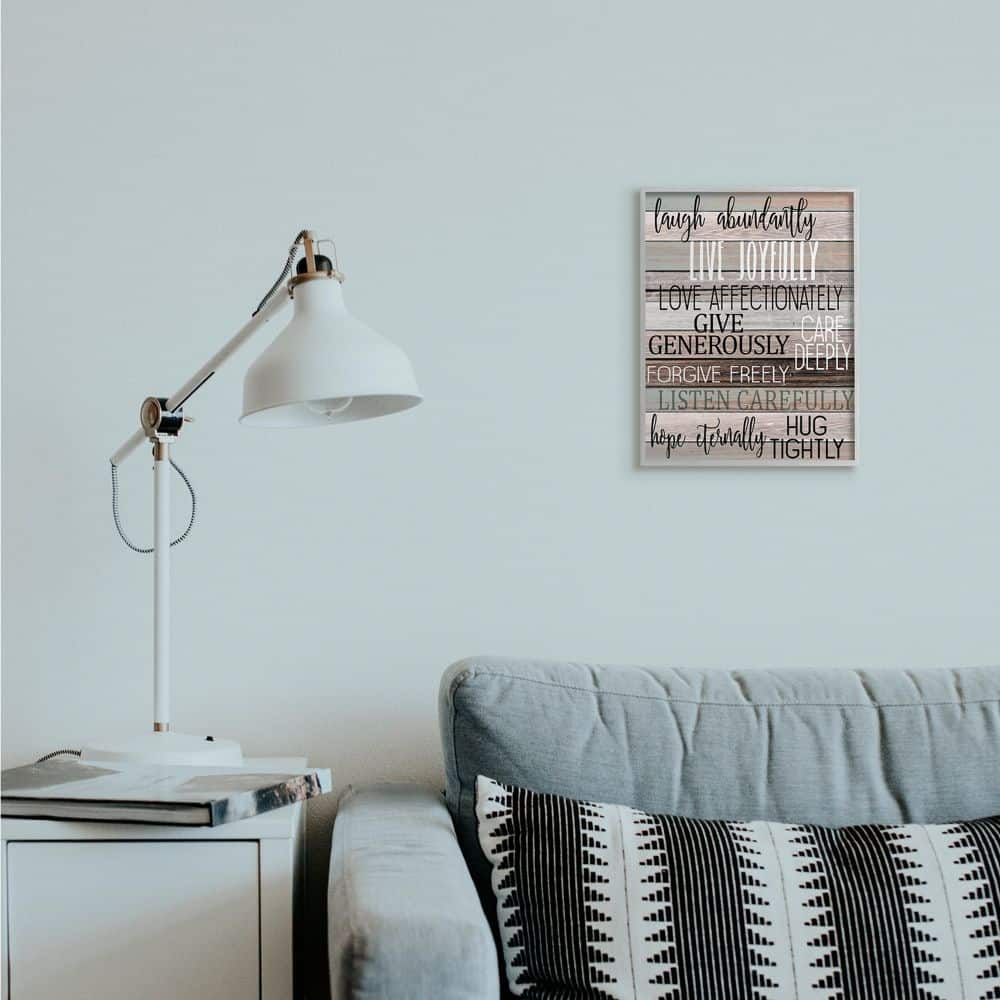 Stupell Industries Live Joyfully Phrases on Wood Grain Brown Tan Teal in Gray Frame Wall Art
