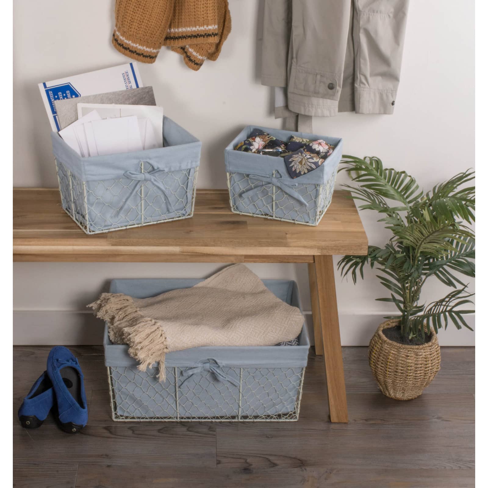 DII® Antique White Chicken Wire Basket with Washed Denim Liner