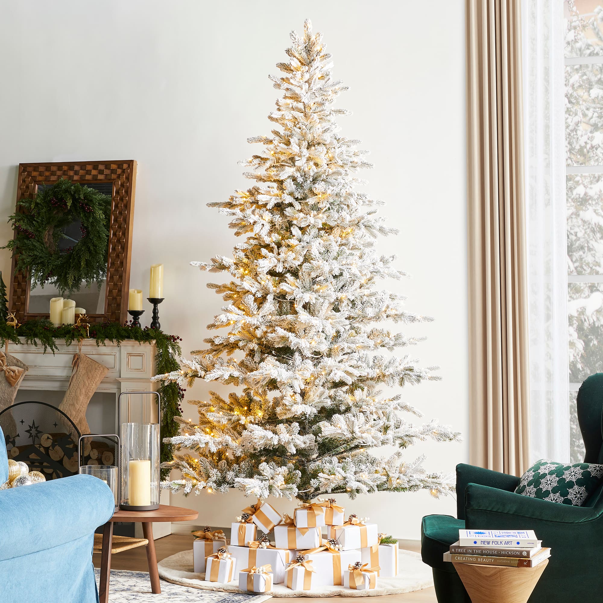 Glitzhome® 9ft Pre-Lit Flocked Full Fir Artificial Christmas Tree, Multicolor LED Lights