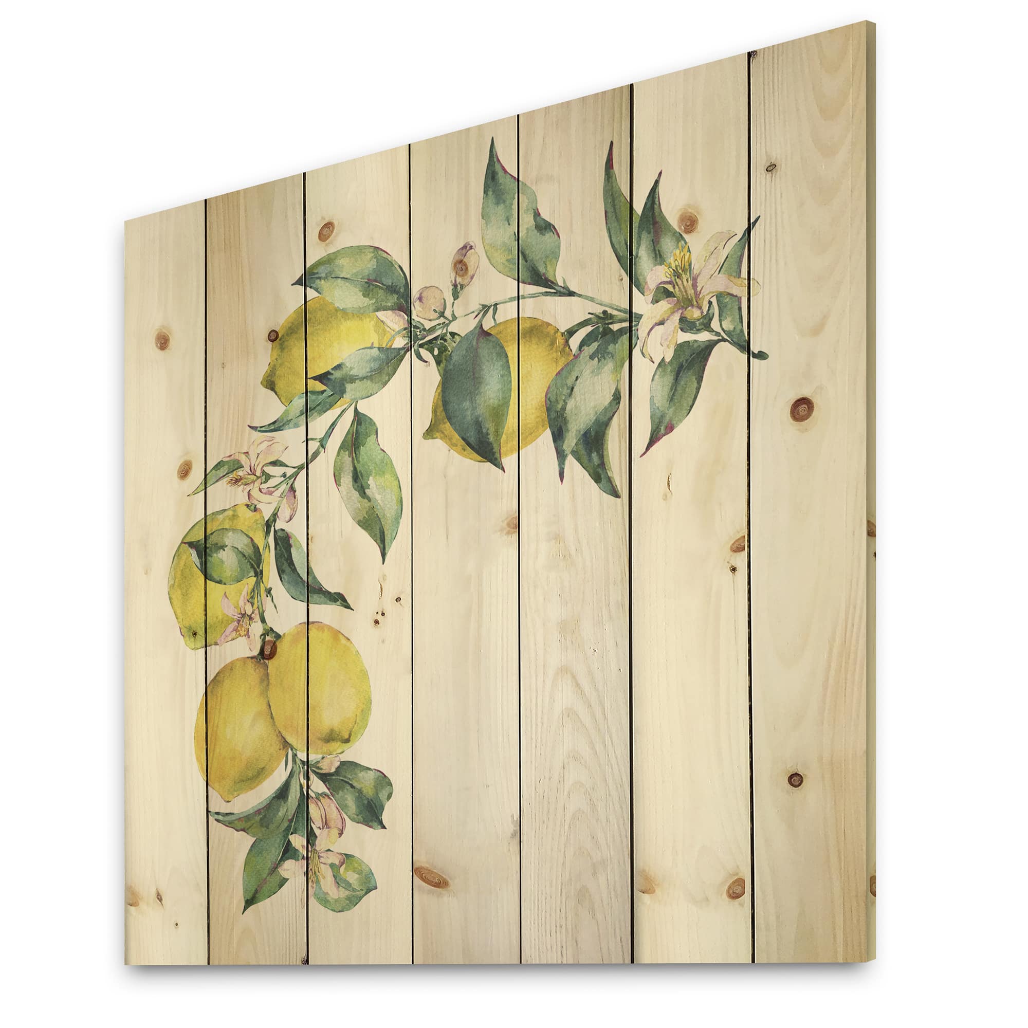 Designart - Branch of Yellow Lemons and Leaves II - Tropical Print on Natural Pine Wood