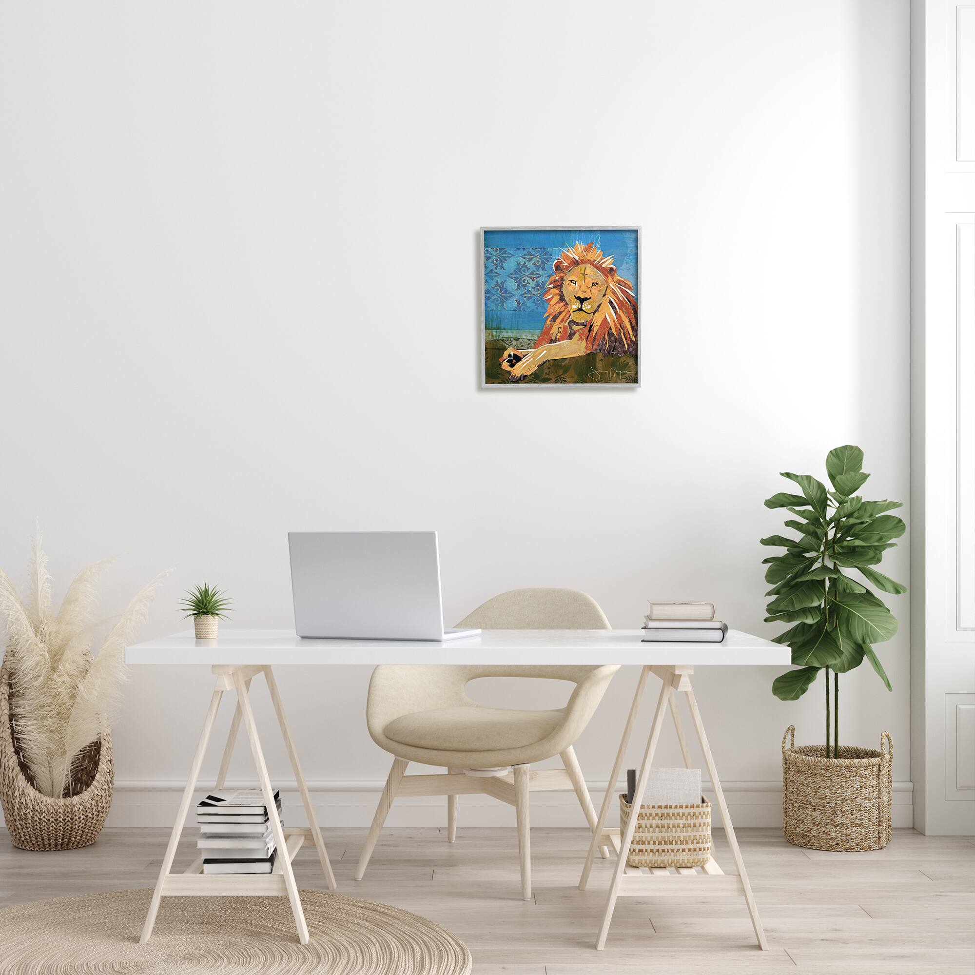 Stupell Industries Safari Lion Abstract Shape Collage Blue Orange in Frame Wall Art