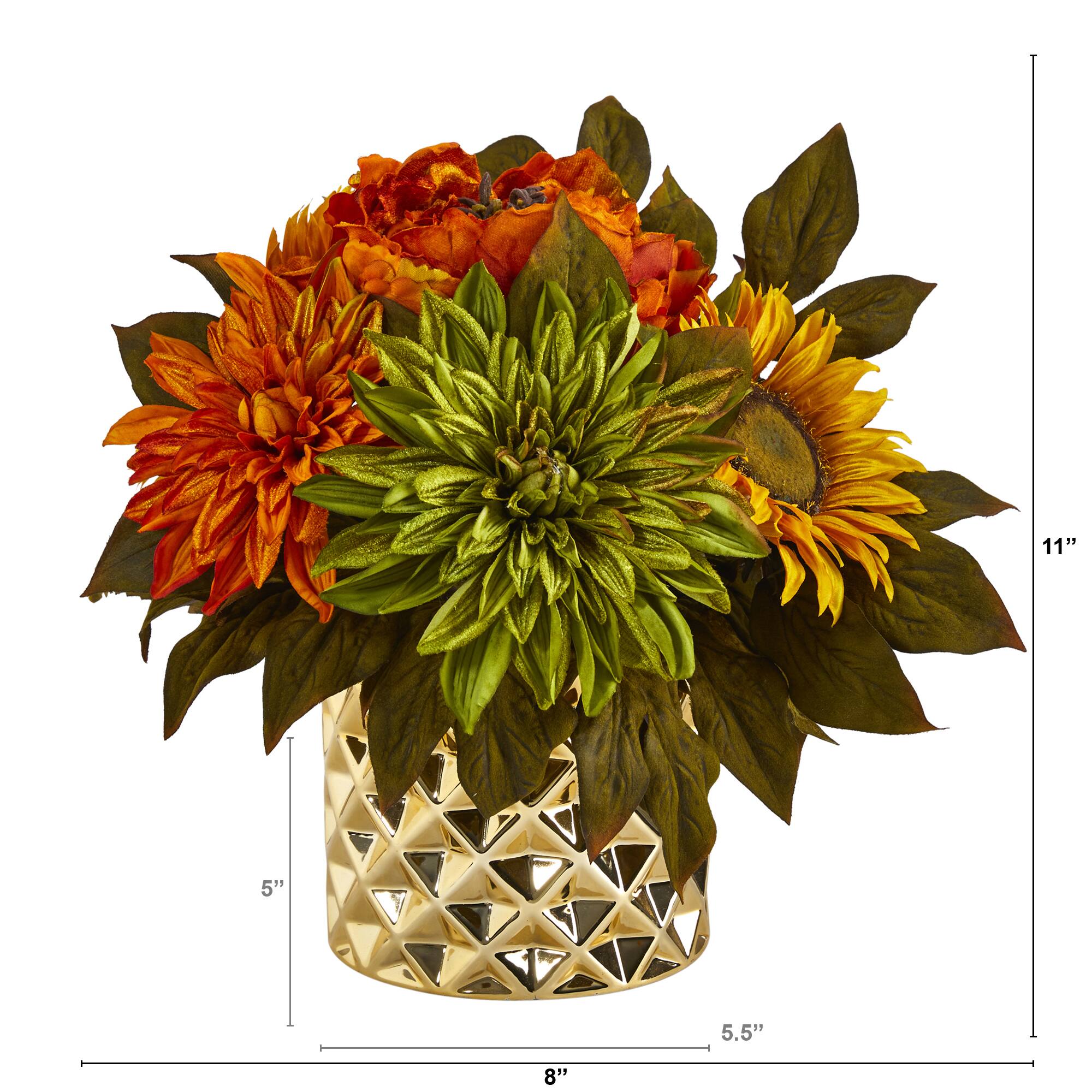 11" Peony, Dahlia & Sunflower Arrangement in Gold Vase