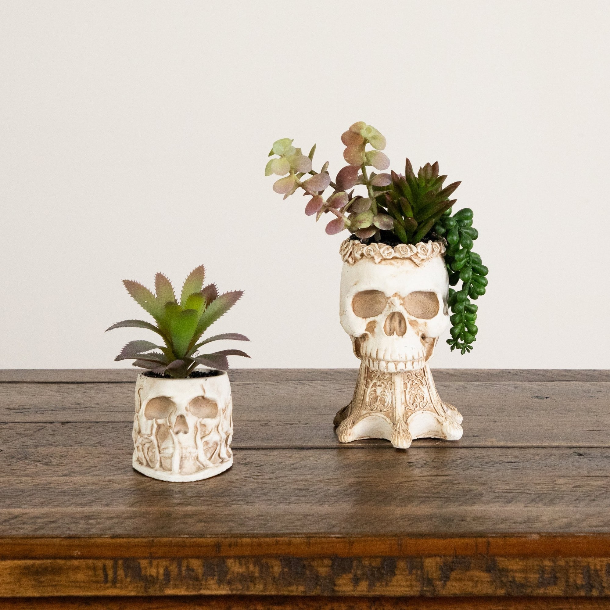 5.5" &  9" Artificial Halloween Succulent Garden in Skull Planters Set