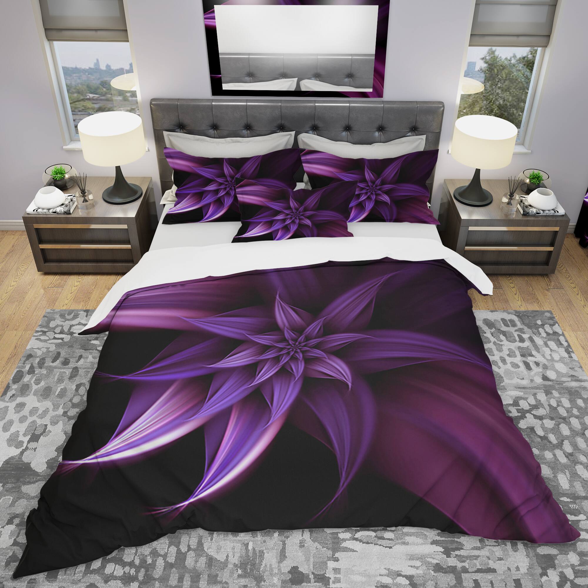 Designart 'Fractal Flower Purple' Modern & Contemporary Bedding Set - Duvet Cover & Shams