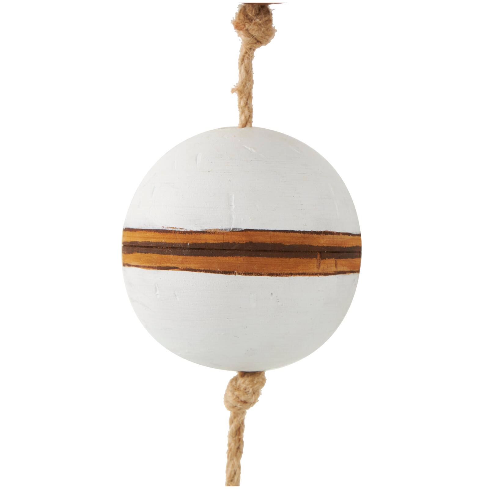 Brown Wood Buoy Two-Toned Striped Hanging Home Wall Décor with White Accents and Jute Rope