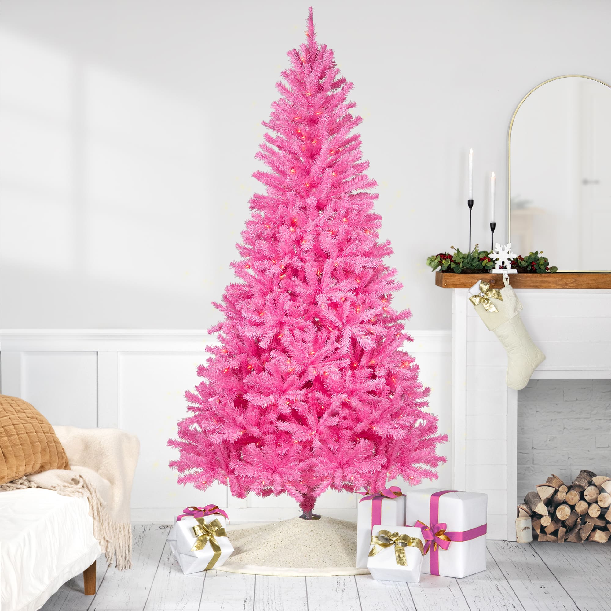 7Ft Pre-Lit Medium Pink Pine Artificial Christmas Tree, Clear Lights By Northlight | 7 ft | Michaels®