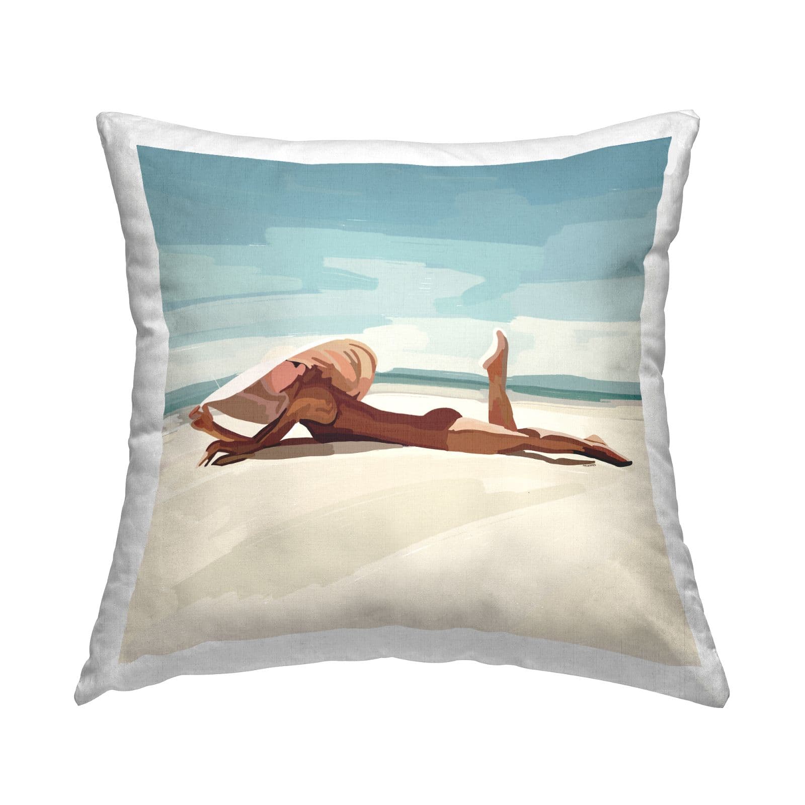 Stupell Industries Lounging Woman Tropical Beach Shoreline Throw Pillow, 18" x 18"