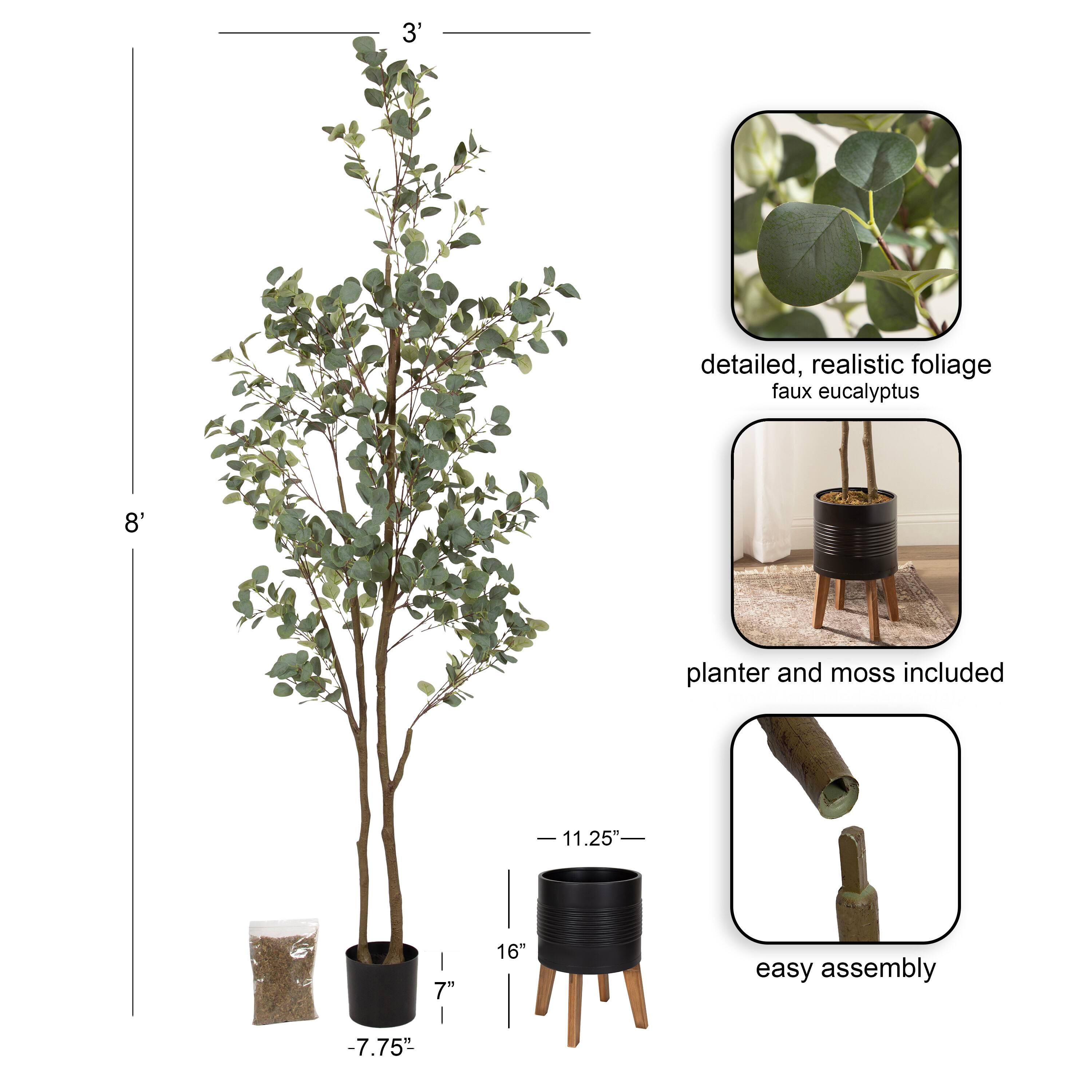 Kate and Laurel 8ft. Eudora Faux Eucalyptus Tree in Rustic Brown Footed Planter