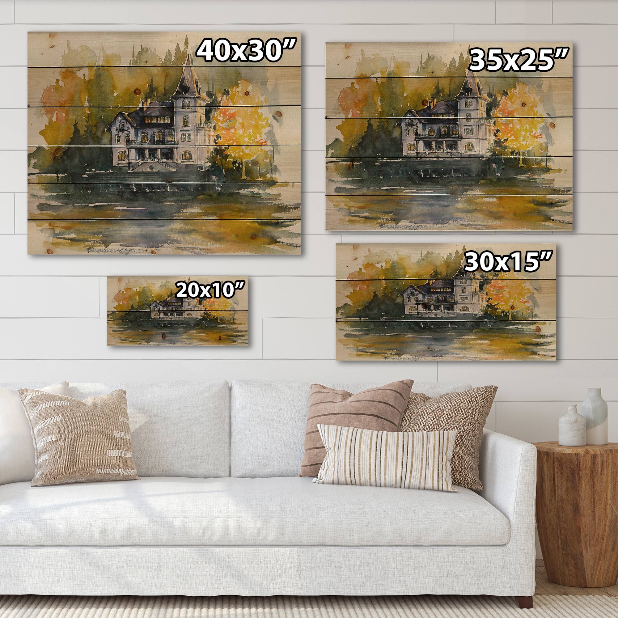 Designart - Castle By The Lake With Autumn Trees - Lake House Print on Natural Pine Wood
