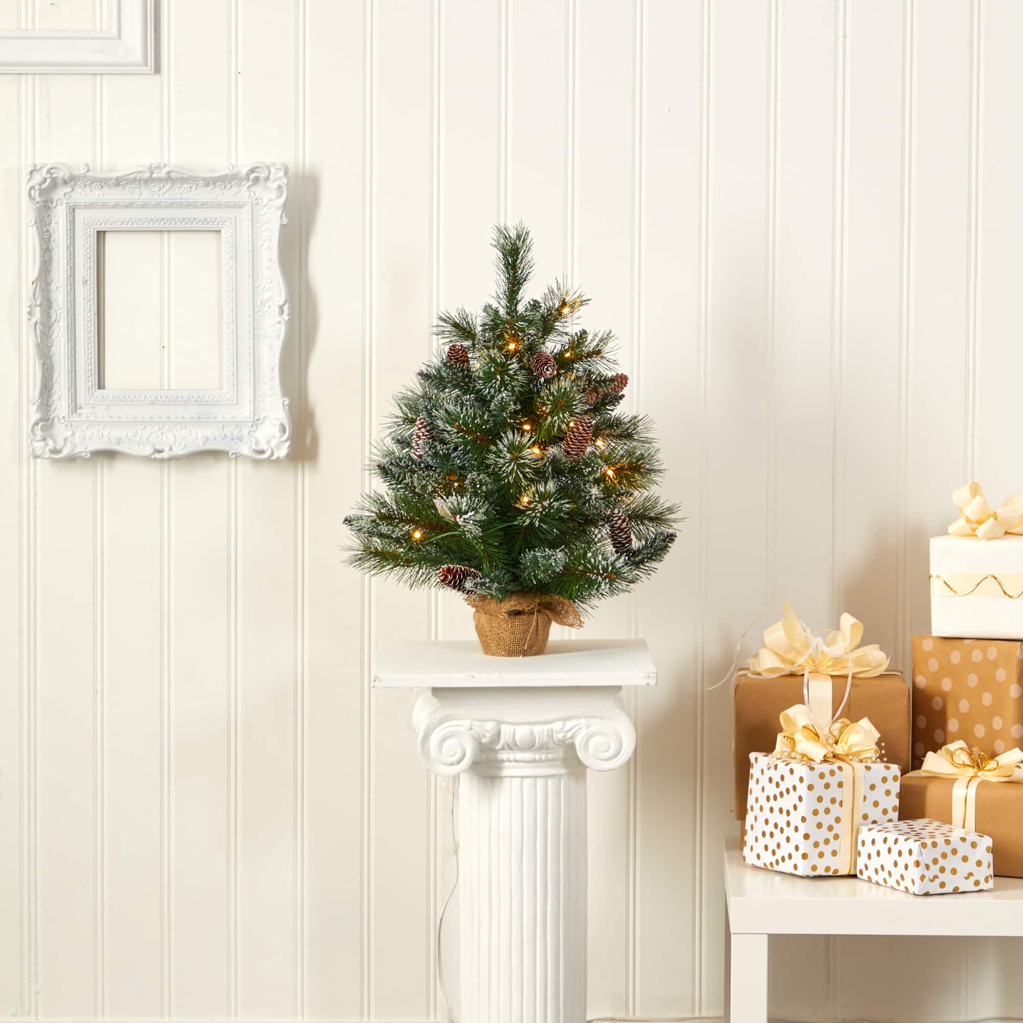 2ft. Pre-Lit Frosted Pine Artificial Christmas Tree with Pinecones, Clear LED Lights