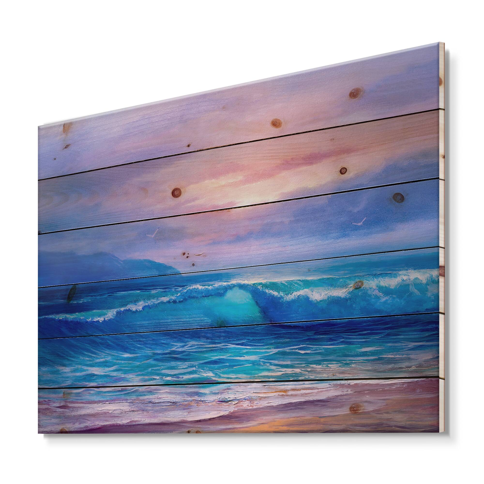 Designart - Golden Sunset Over The Sea By The Beach - Nautical & Coastal Print on Natural Pine Wood
