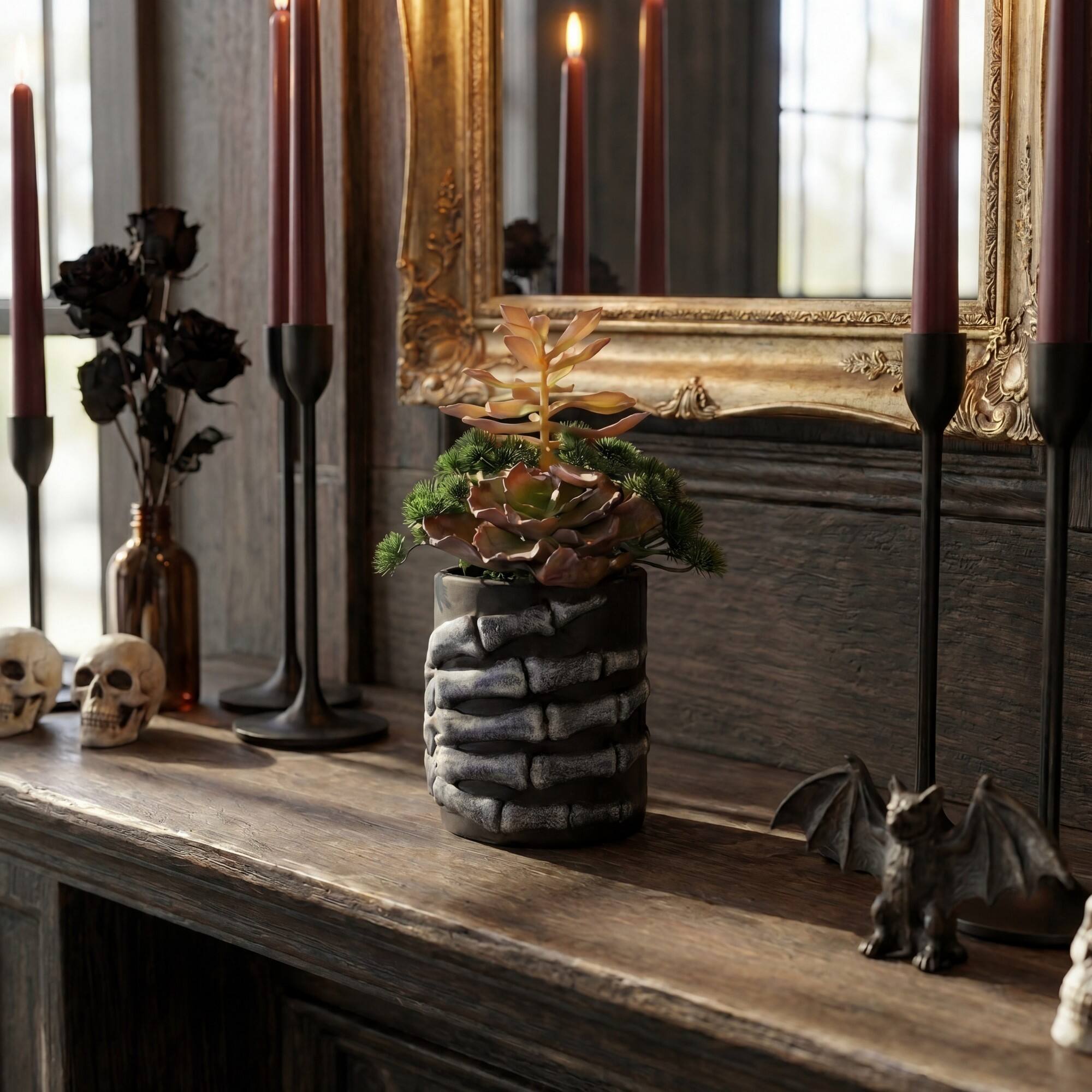 9" Artificial Halloween Succulent Garden in Skeleton Hand Planter
