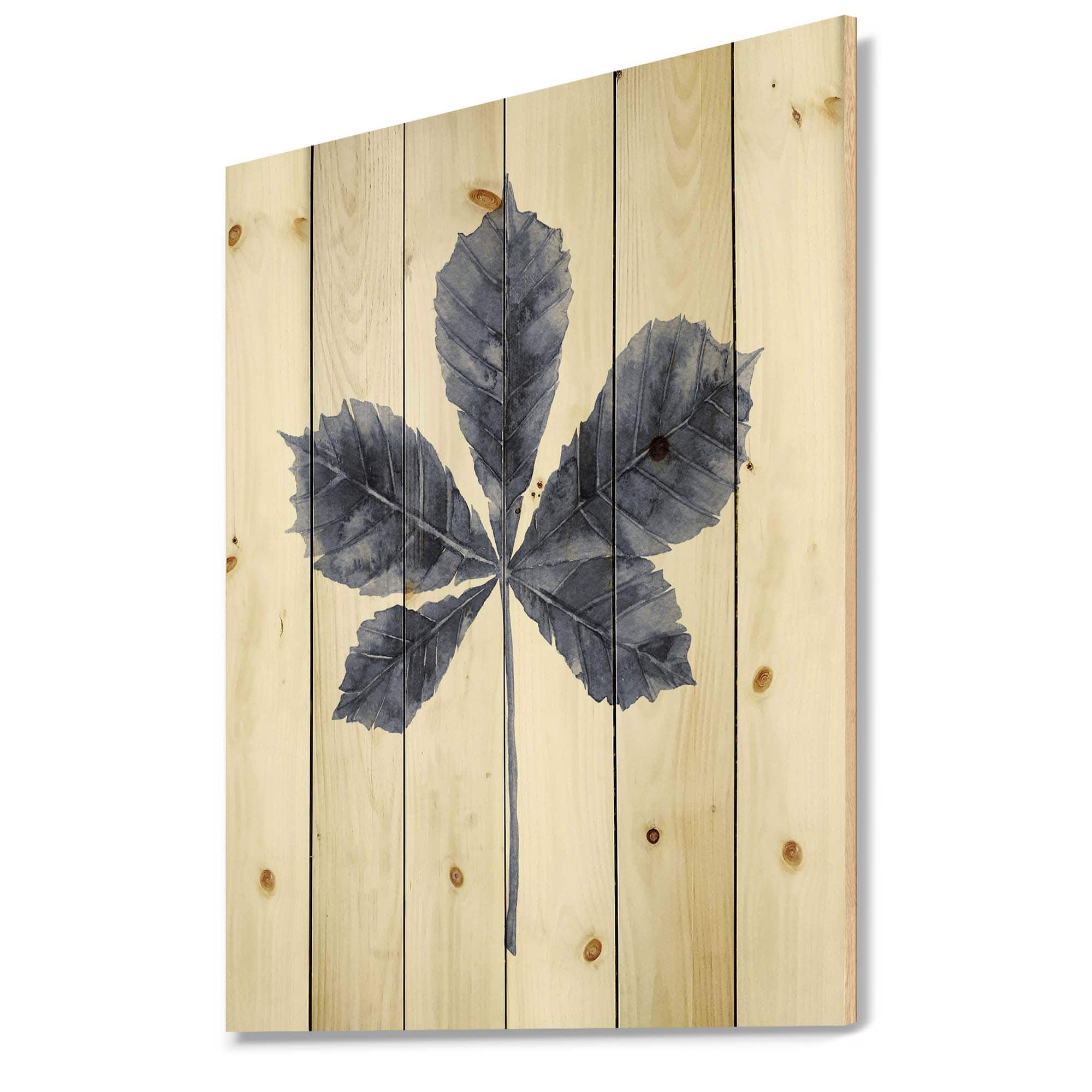 Designart - Navy Blue Chestnut Leaf - Traditional Print on Natural Pine Wood