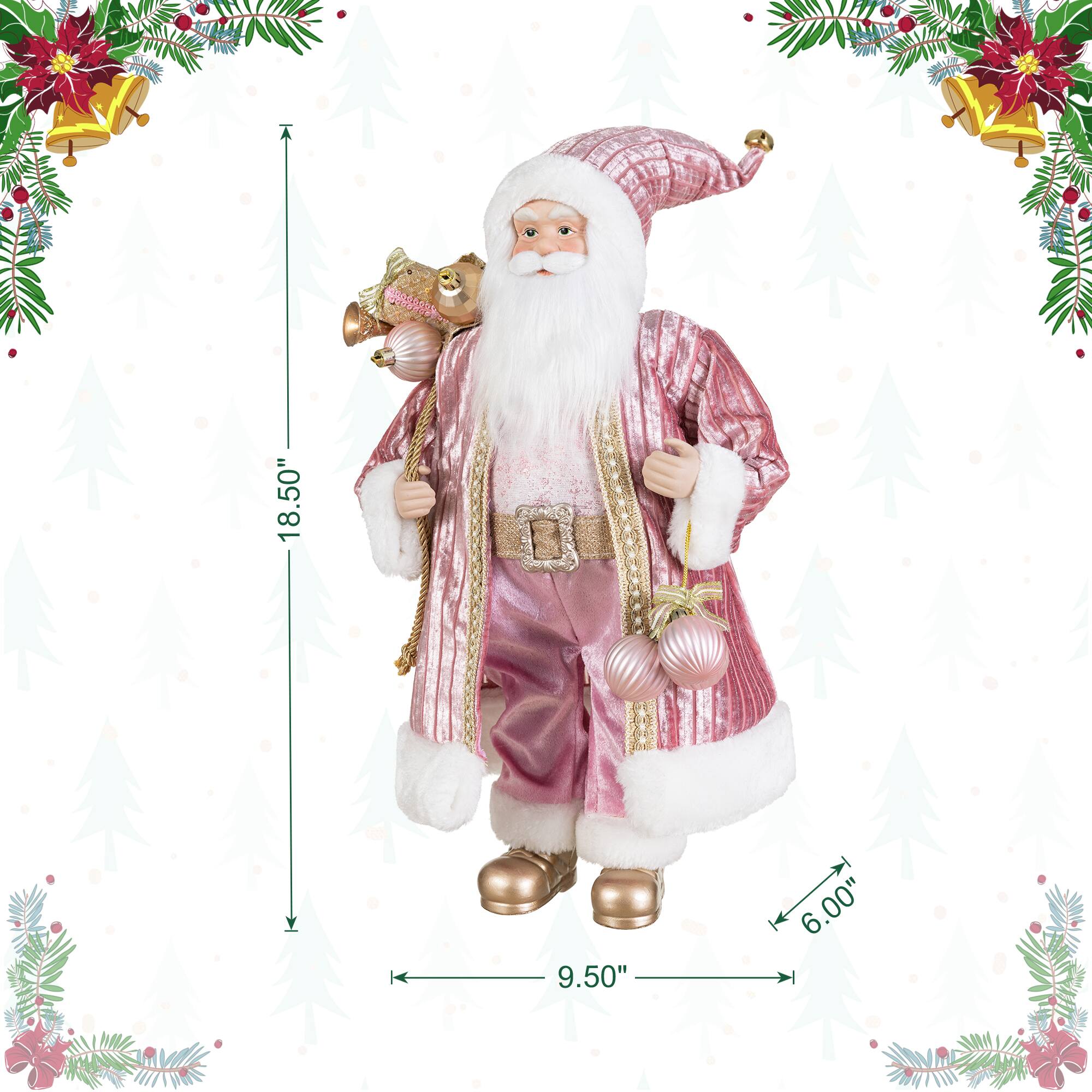 Glitzhome® 18" Faux Fur Deluxe Pink Christmas Santa Figurine with Porcelain Face