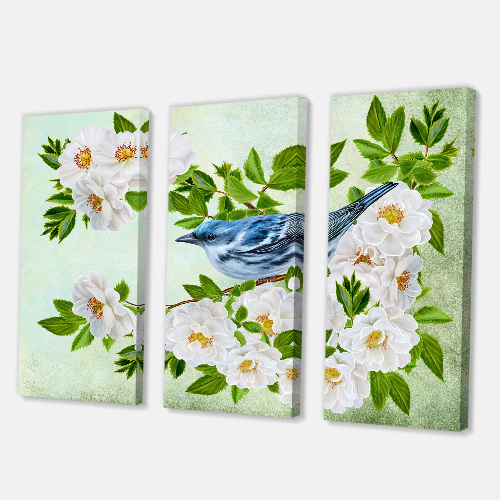 Designart - Little Blue Bird Sitting On A Branch of White Rose