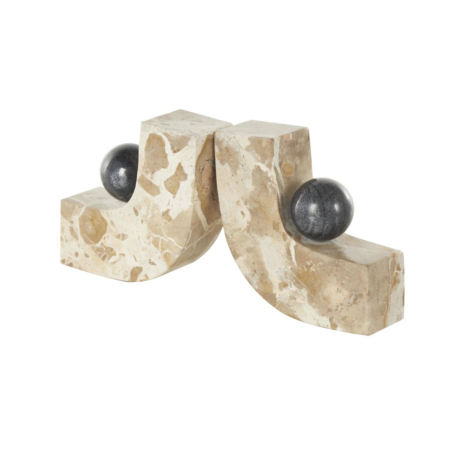 5" Brown Marble Arched Curved Bookends with Black Orbs, 2ct