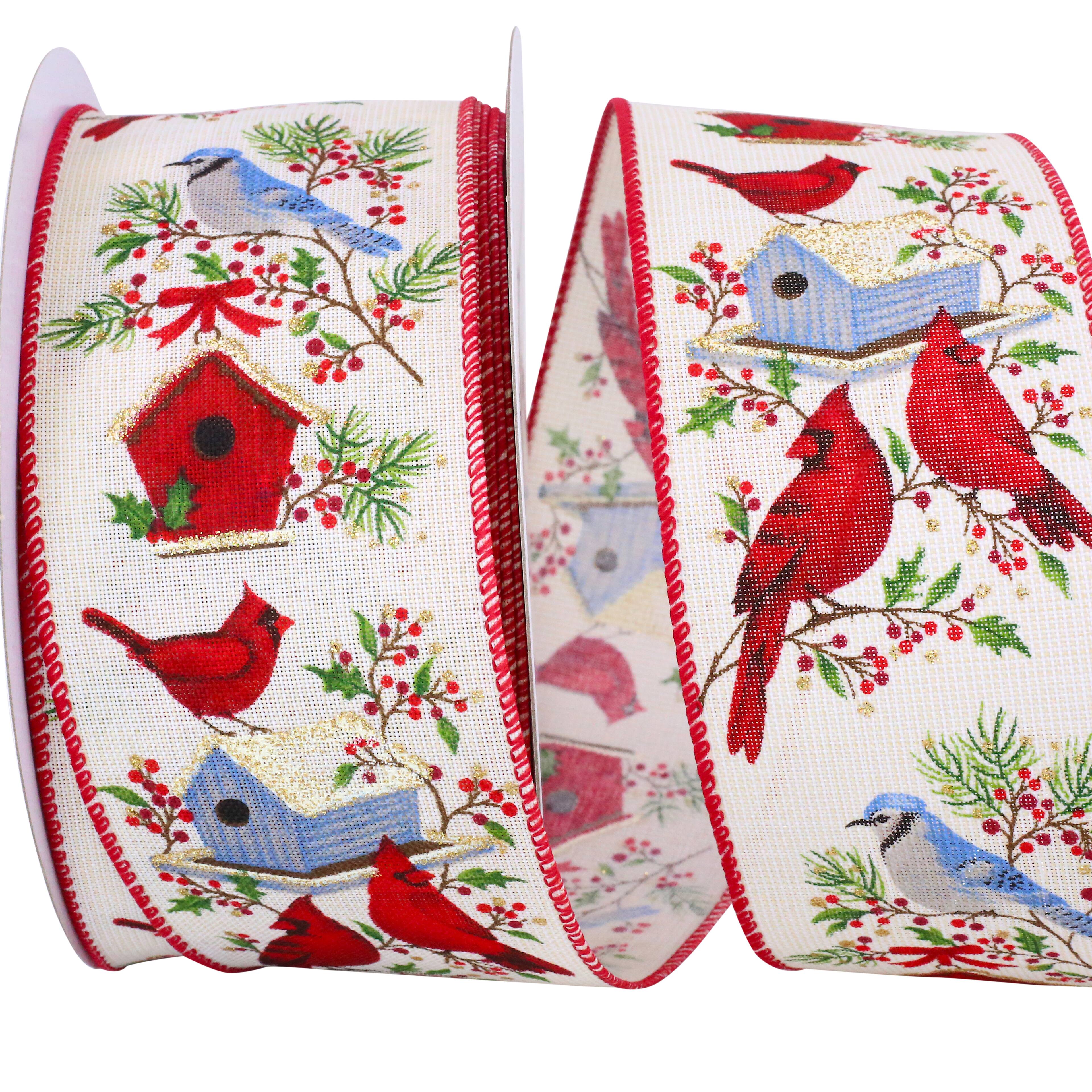 JAM Paper 2.5" x 20yd. Linen Wired Cream Sparkle Birds House Ribbon