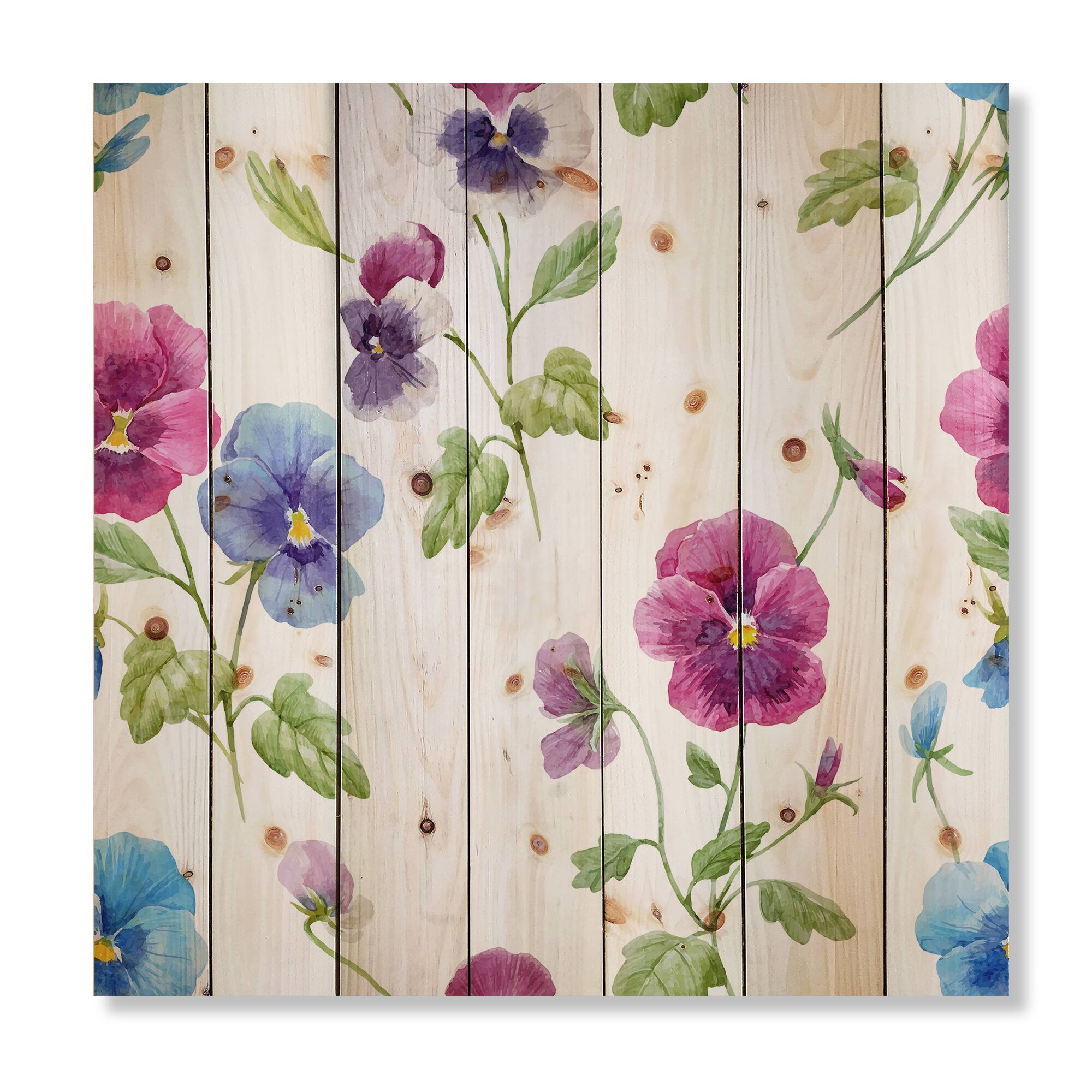 Designart - Pink and Blue Pansy Flowers II - Traditional Print on Natural Pine Wood