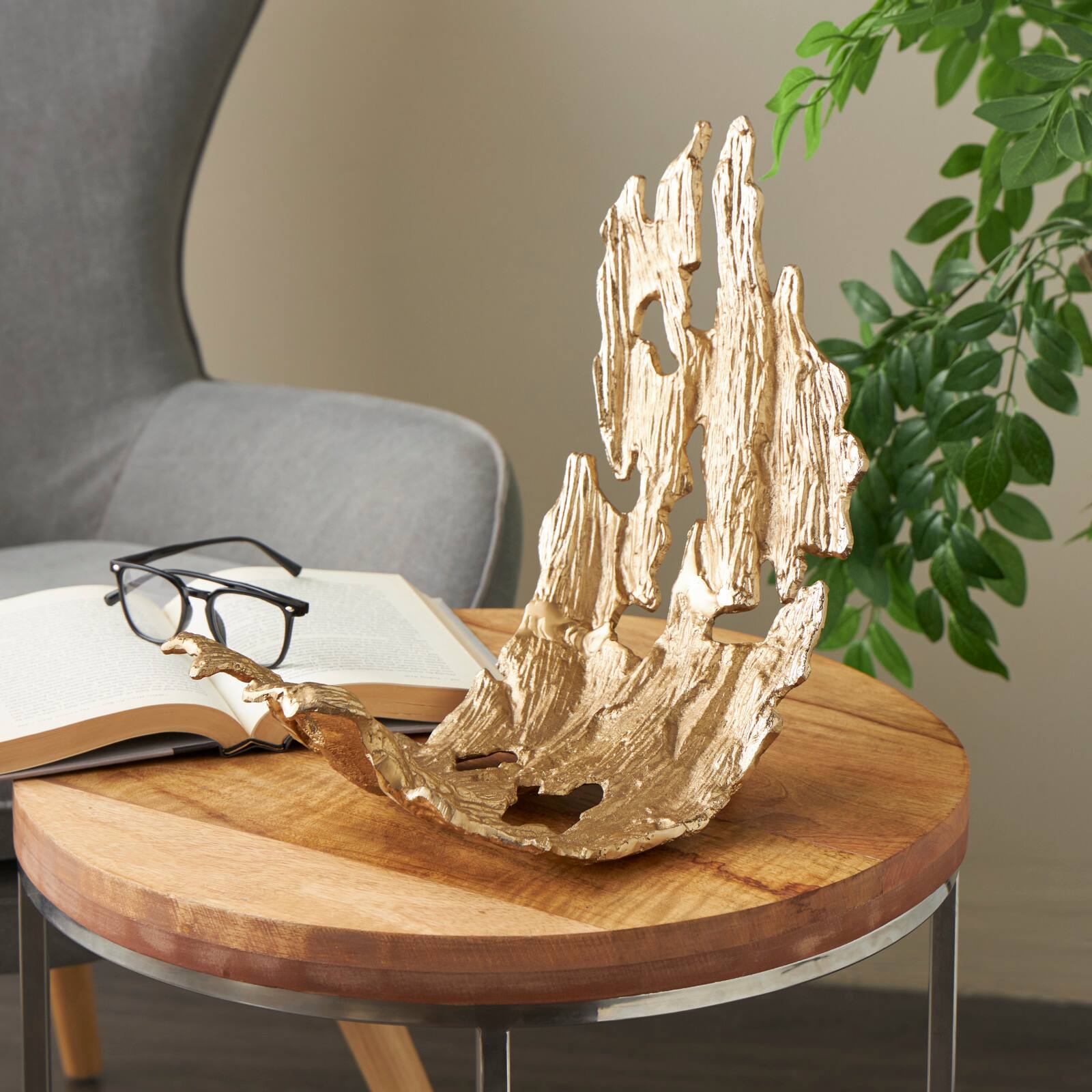 15.75" Gold Metal Angled Leaf Decorative Bowl with Cutouts