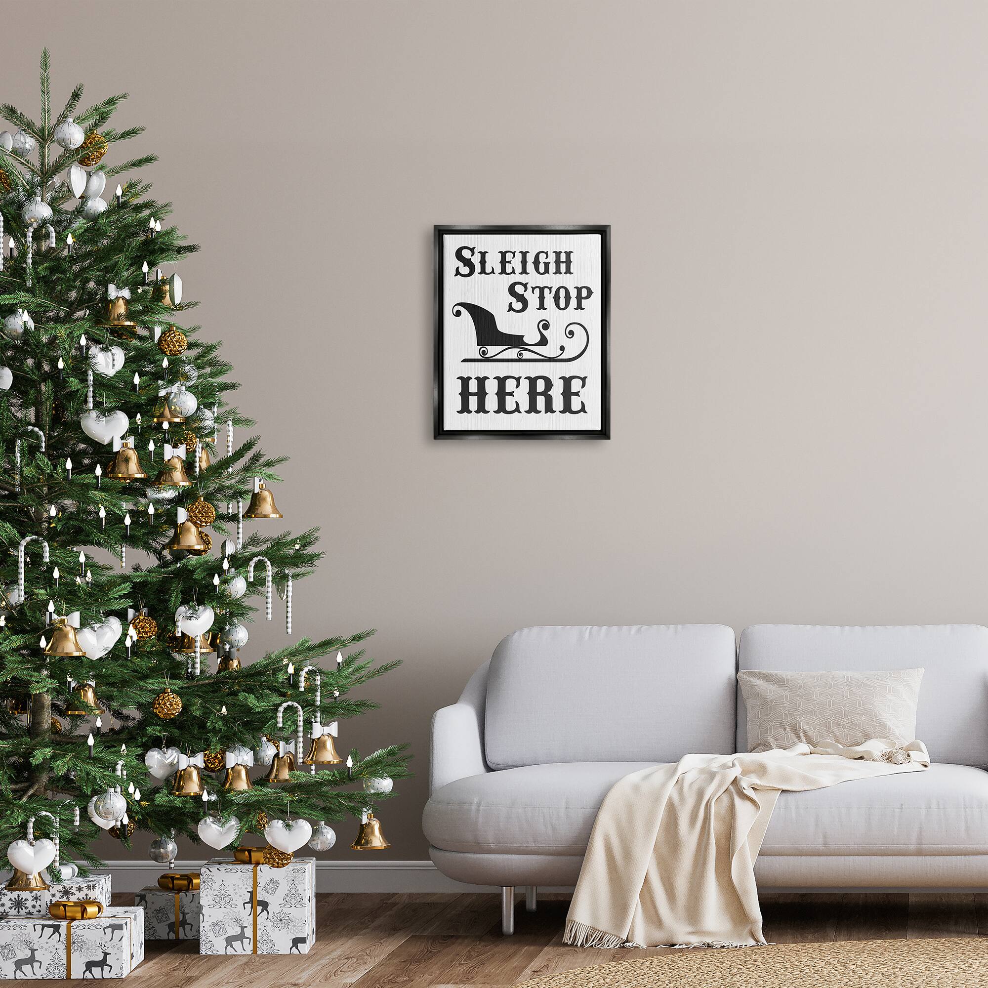 Stupell Industries Sleigh Stop Here Holiday Sled Framed Floater Canvas Wall Art