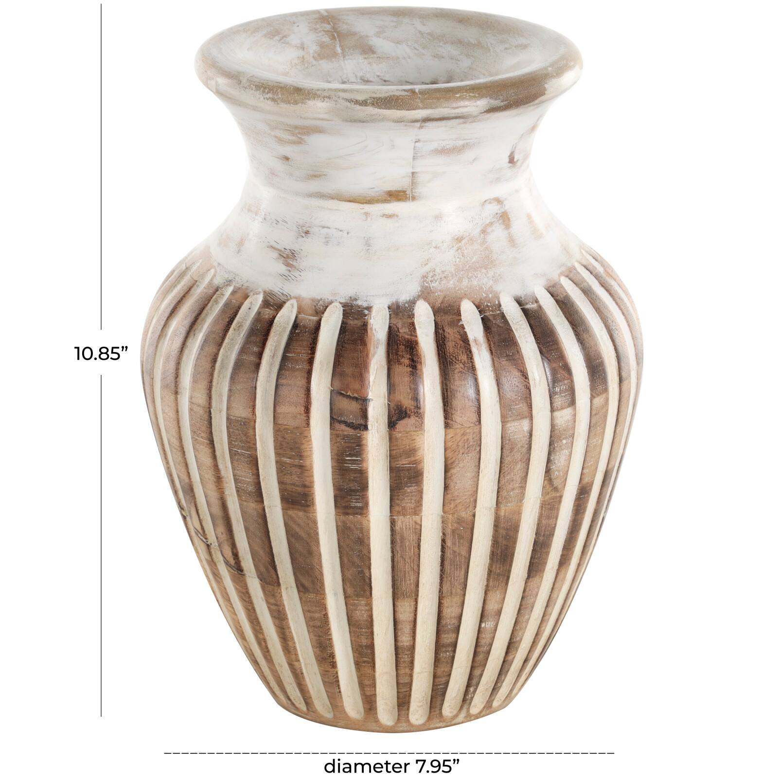 11" Brown Mango Wood Vase with Carved Grooves