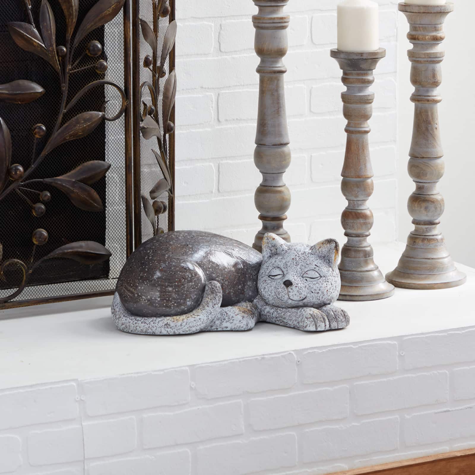 15" Gray Polystone Country Cat Garden Sculpture