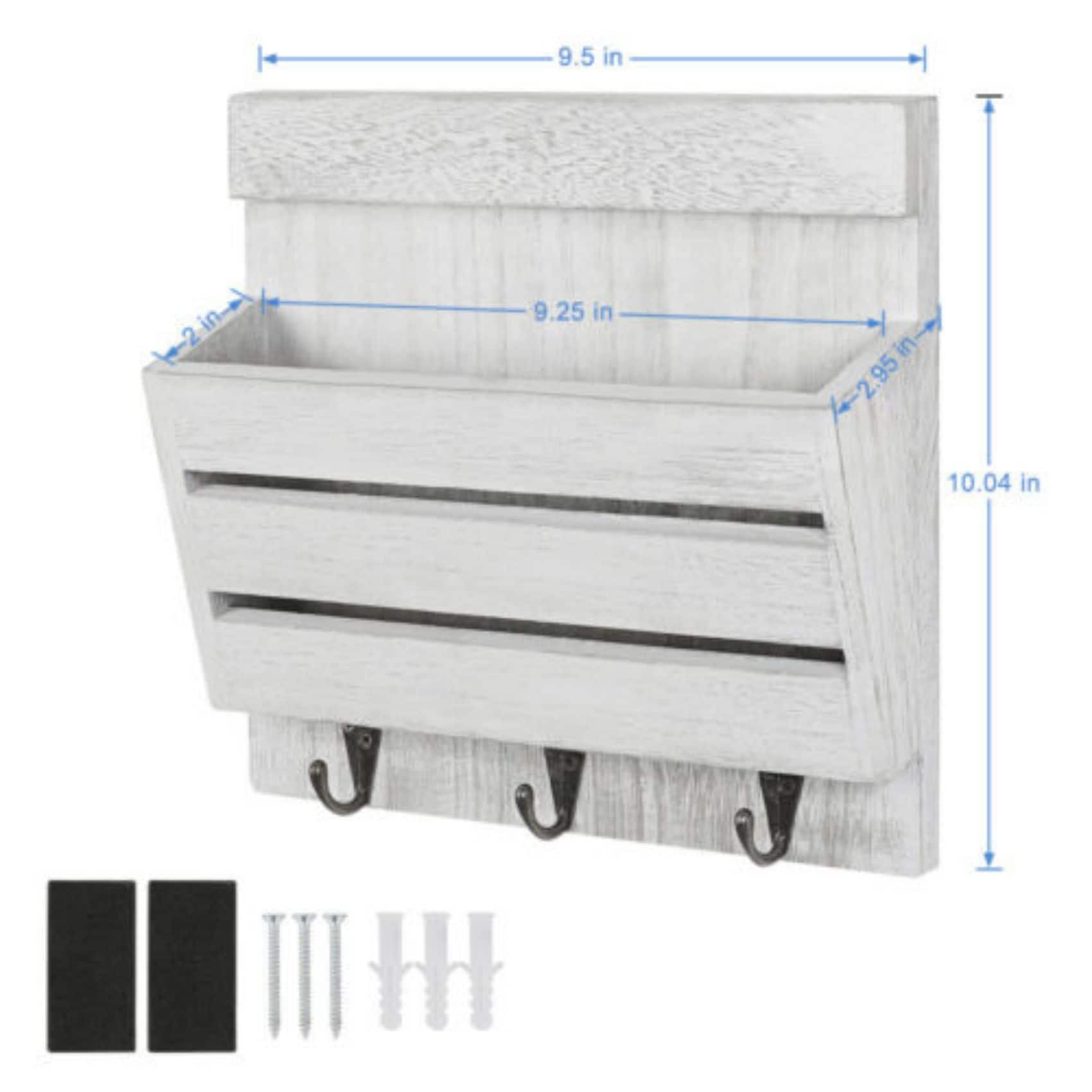 NEX™ 10" Rustic White Gray Wood Wall-Mounted Mail & Key Holder Organizer with 3 Key Hooks