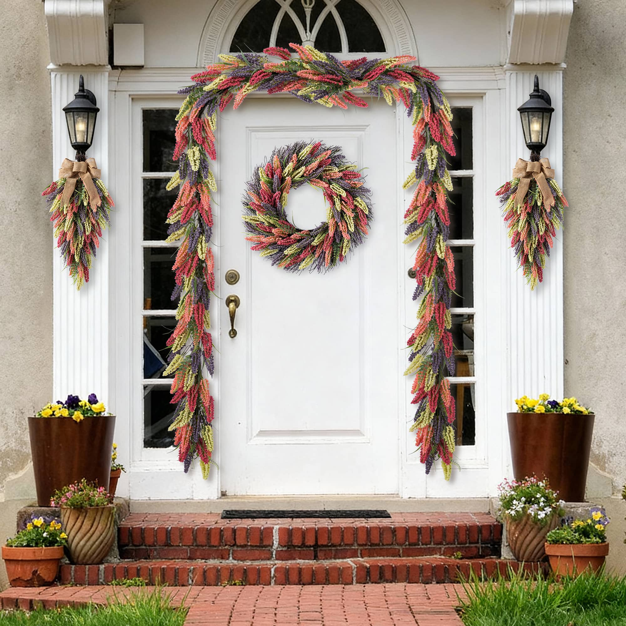 Glitzhome® 24" Pink, Purple & Yellow Heather Wreath with Black Metal Hanger