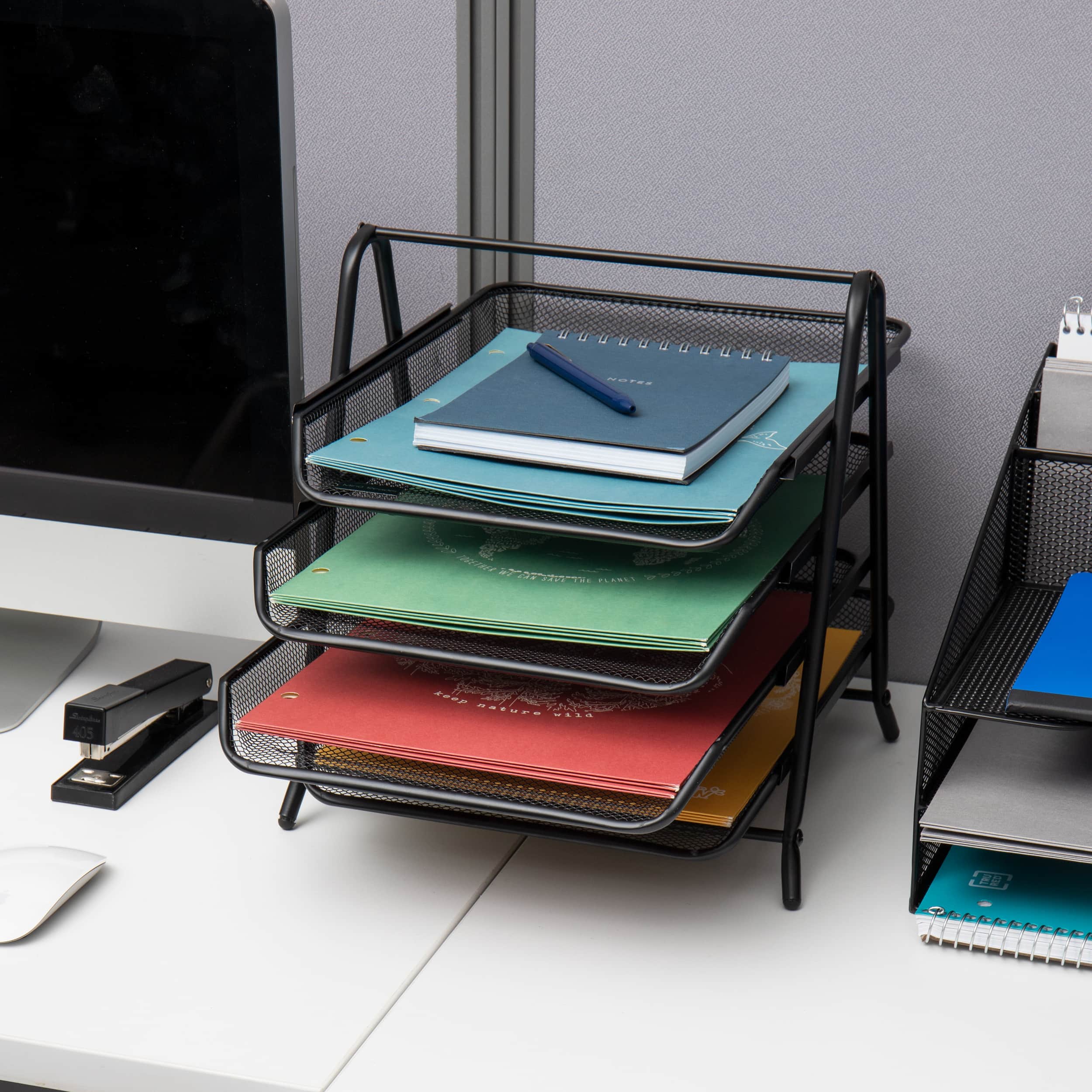 Mind Reader 4-Tier Paper Tray, Desktop Organizer, File Storage, Office, Metal Mesh, 12"L x 13.75"W x 12.5"H, Pack of 2, Black