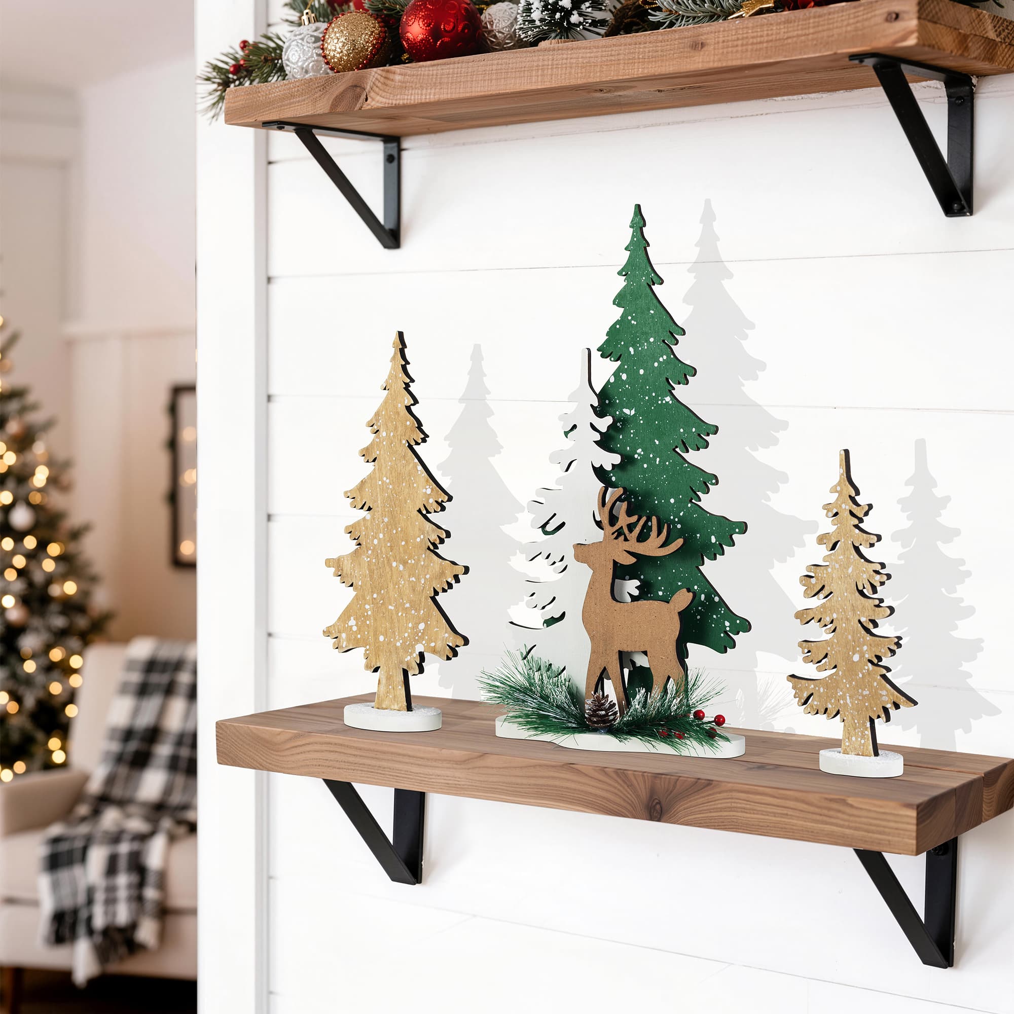 Glitzhome® Set of 3 Wooden Christmas Reindeer & Tree Table Decor