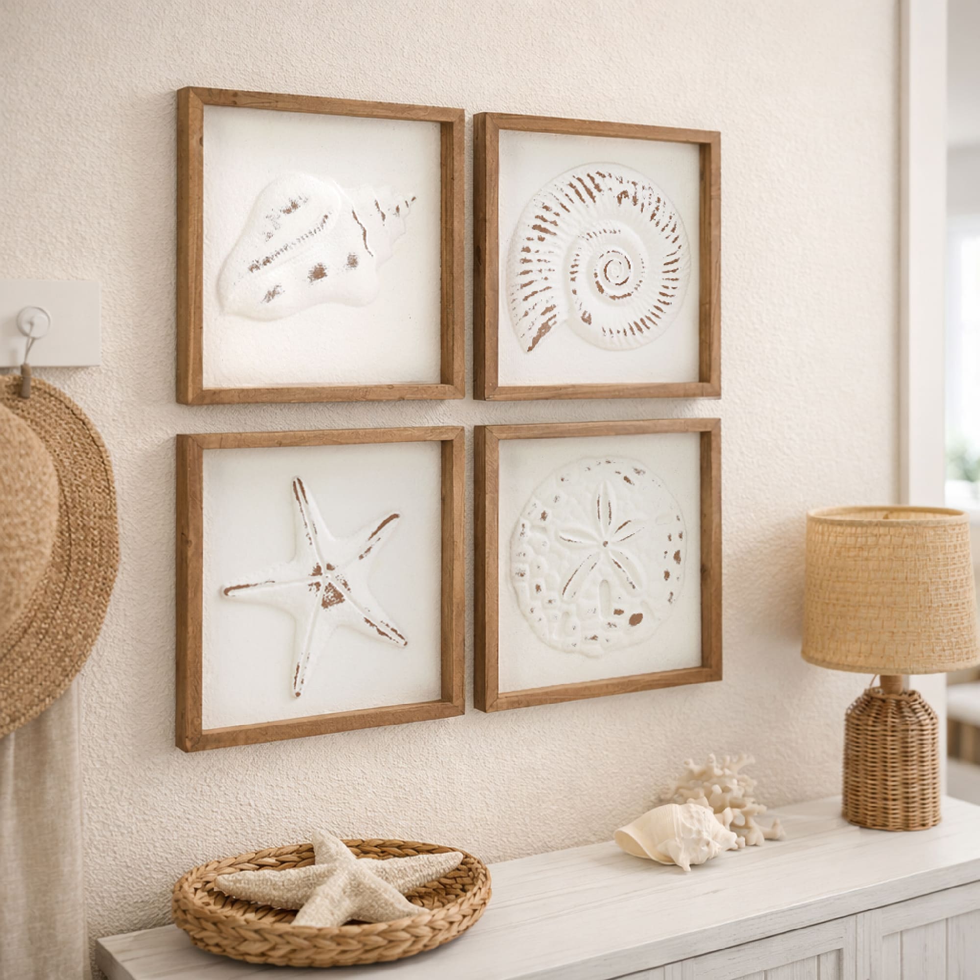 American Art Decor 9" x 9" Seashell & Starfish Coastal Framed Wall Art Set