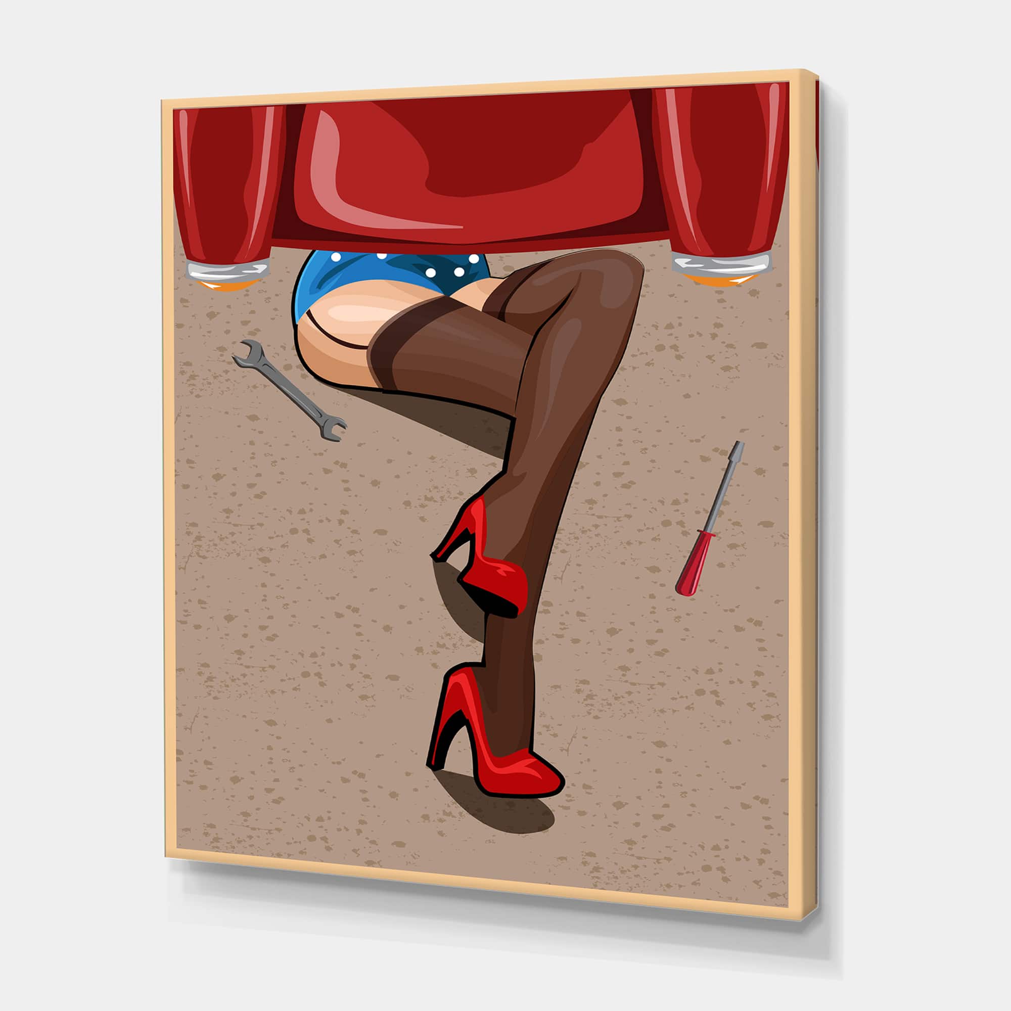 Designart - Retro Sexy Woman Repairing The Car - Modern Canvas Wall Art Print