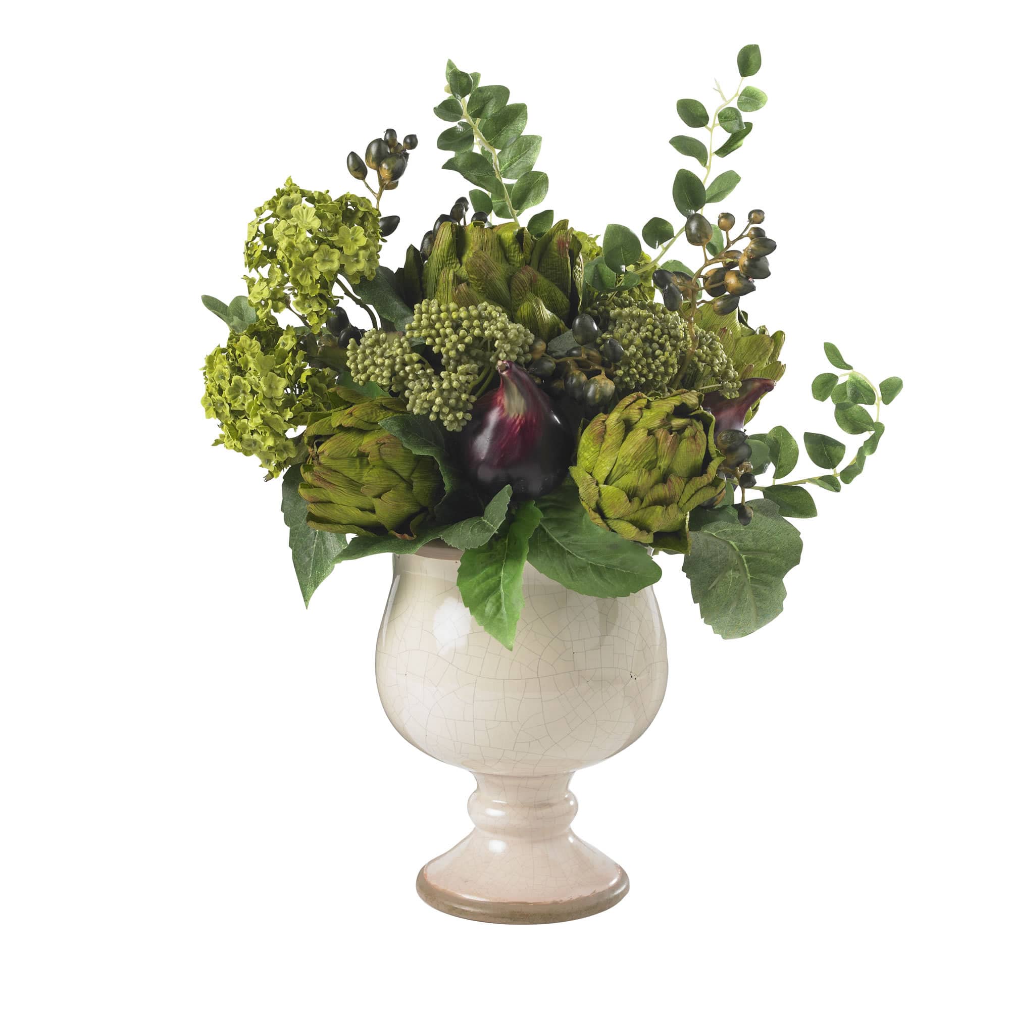 15" Artichoke & Hydrangea Arrangement in White Ceramic