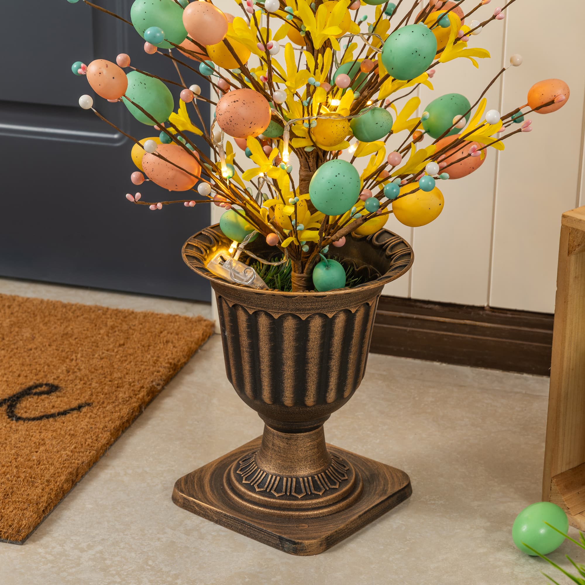 Glitzhome® 36" Lighted Easter Egg & Flower Urn Porch Tree with Timer