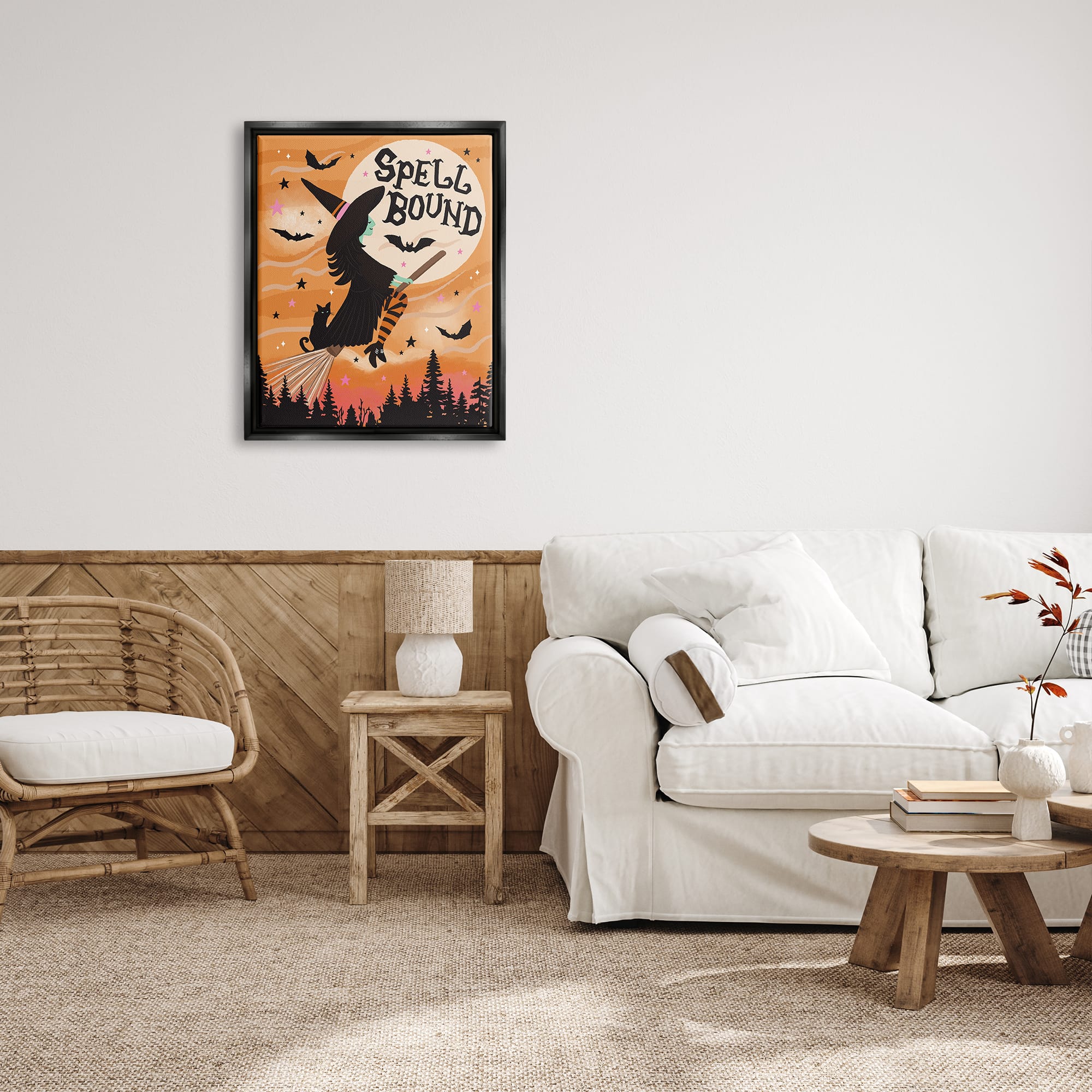 Stupell Industries Spell Bound Witch Flying Moonlit Sky Framed Floater Canvas Wall Art