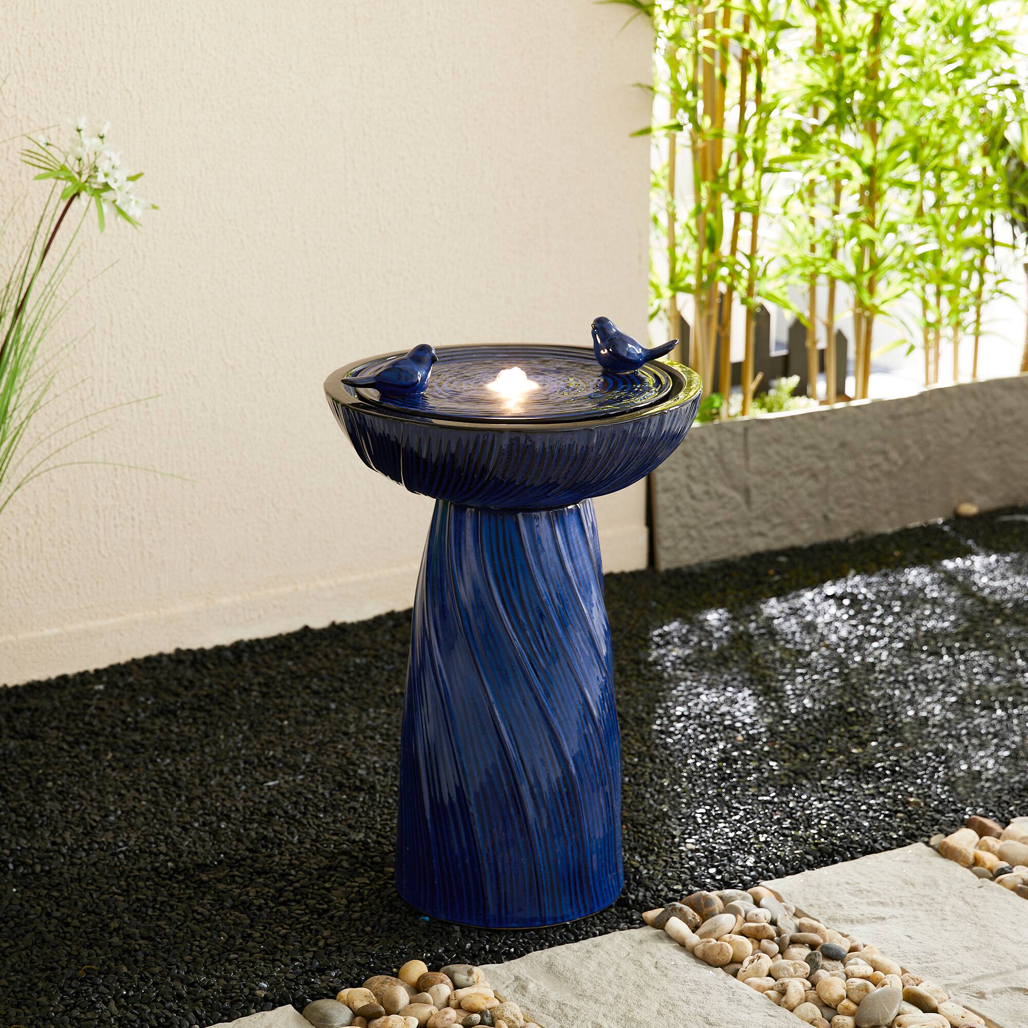 Glitzhome® 24.75" LED Cobalt Blue Twist Ceramic Birdbath Outdoor Floor Fountain
