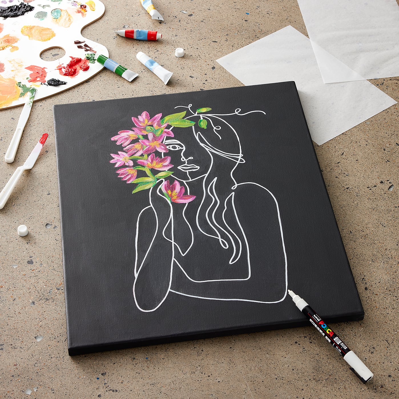 White Line Figure on Black Canvas