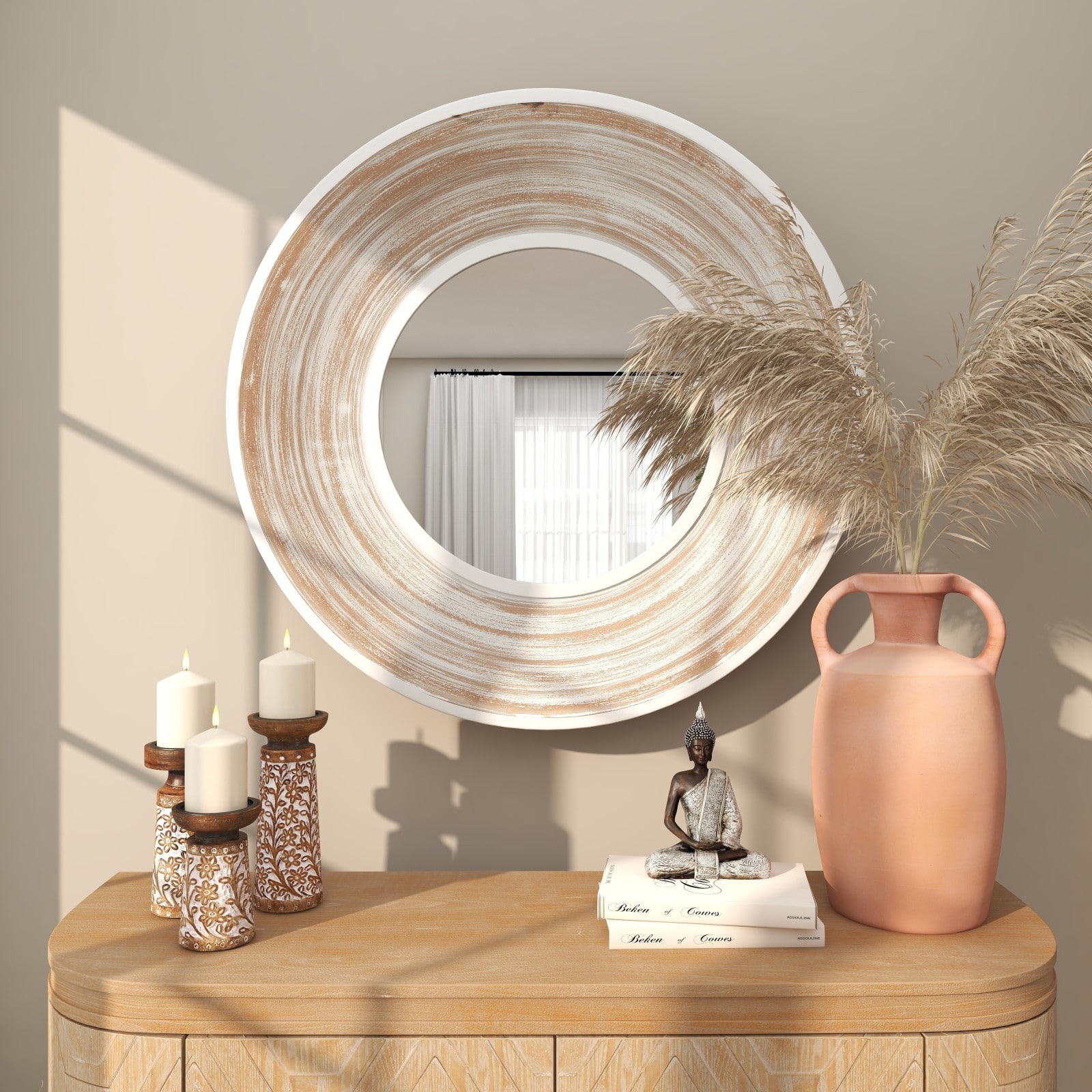35" Cream Wooden Framed Wall Mirror with White Wash Effect
