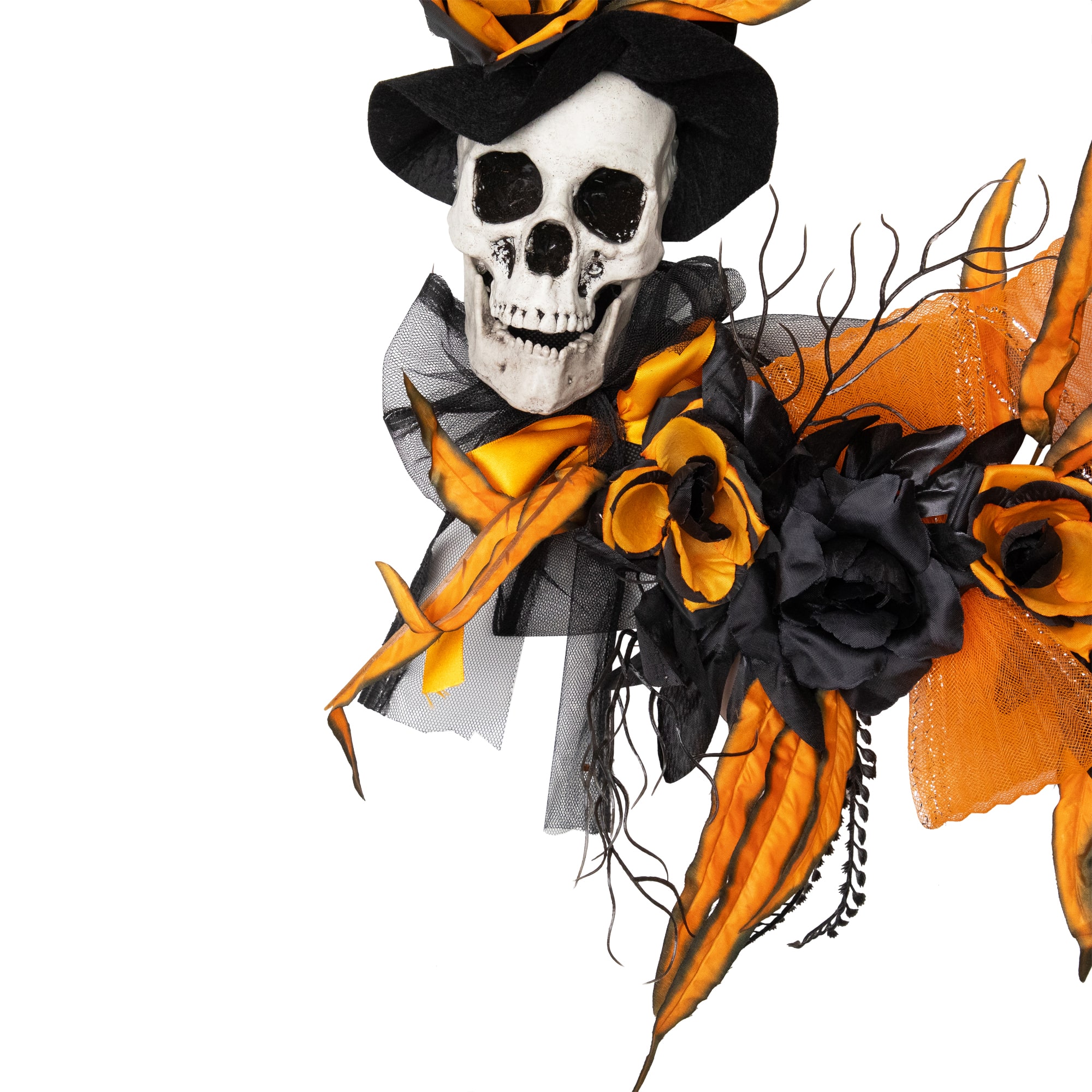 14" Skull with Black & Orange Roses Halloween Wreath