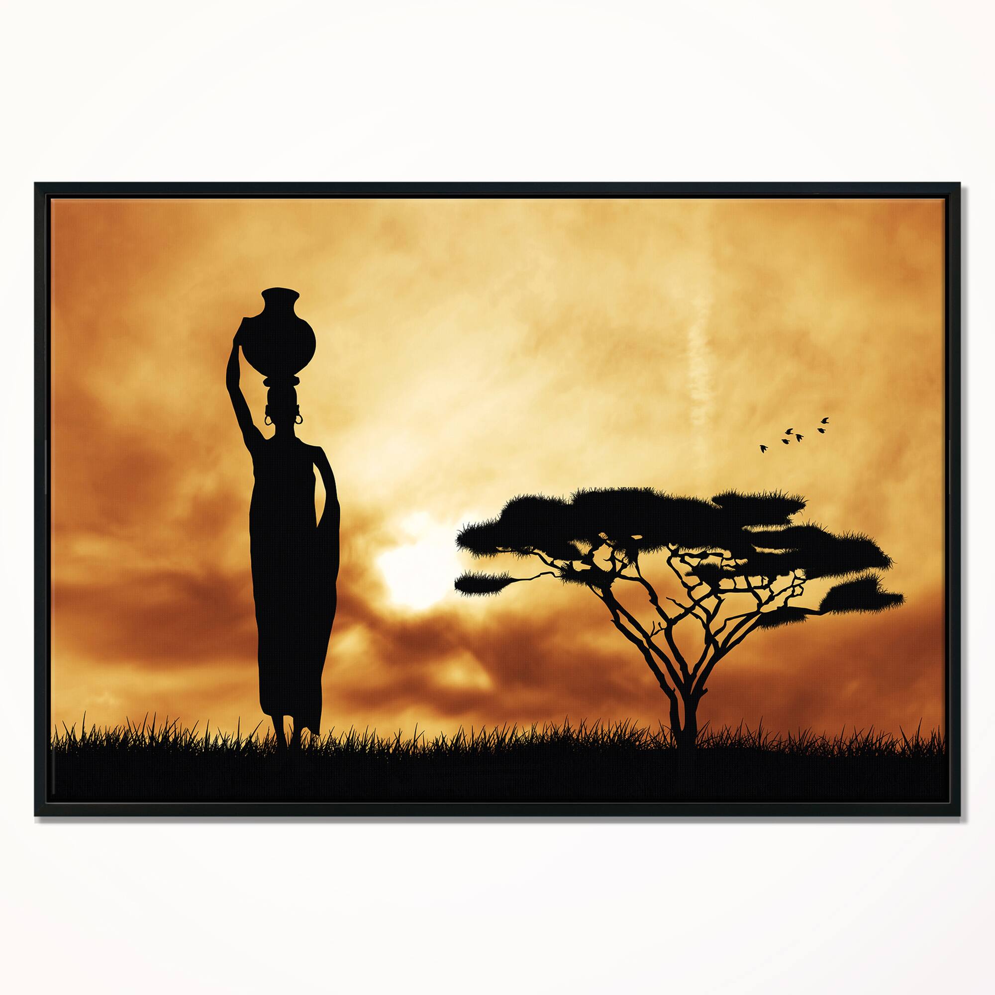 Designart - African Woman and Lonely Tree - African Landscape Framed Canvas Art Print