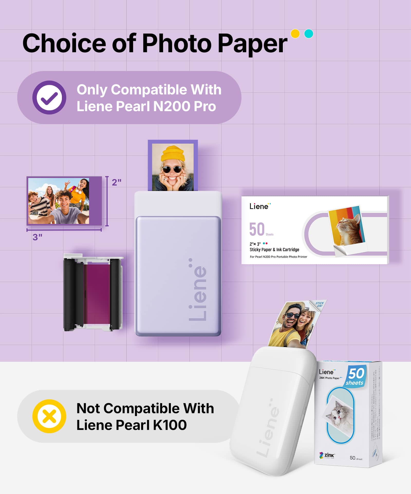 Liene® Pearl N200 Pro 2" x 3" Dye-Sublimation Photo Paper & Ink Cartridges
