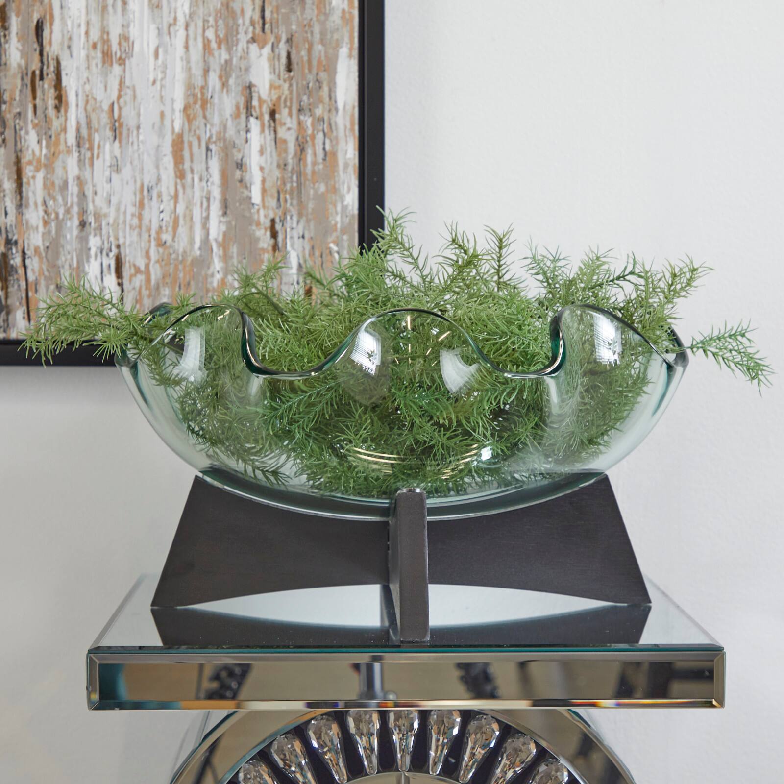 16" Clear Glass Kitchen Serving Bowl with Black Wooden Stand