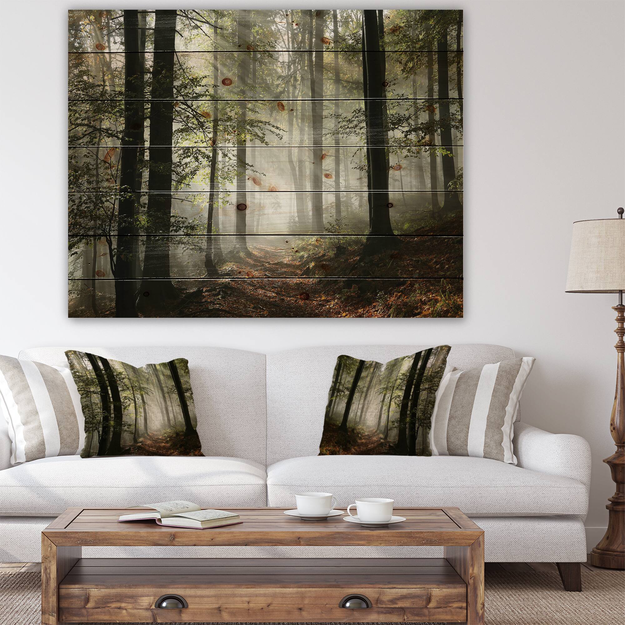 Designart - Light in Dense Fall Forest with Fog - Landscape Print on Natural Pine Wood