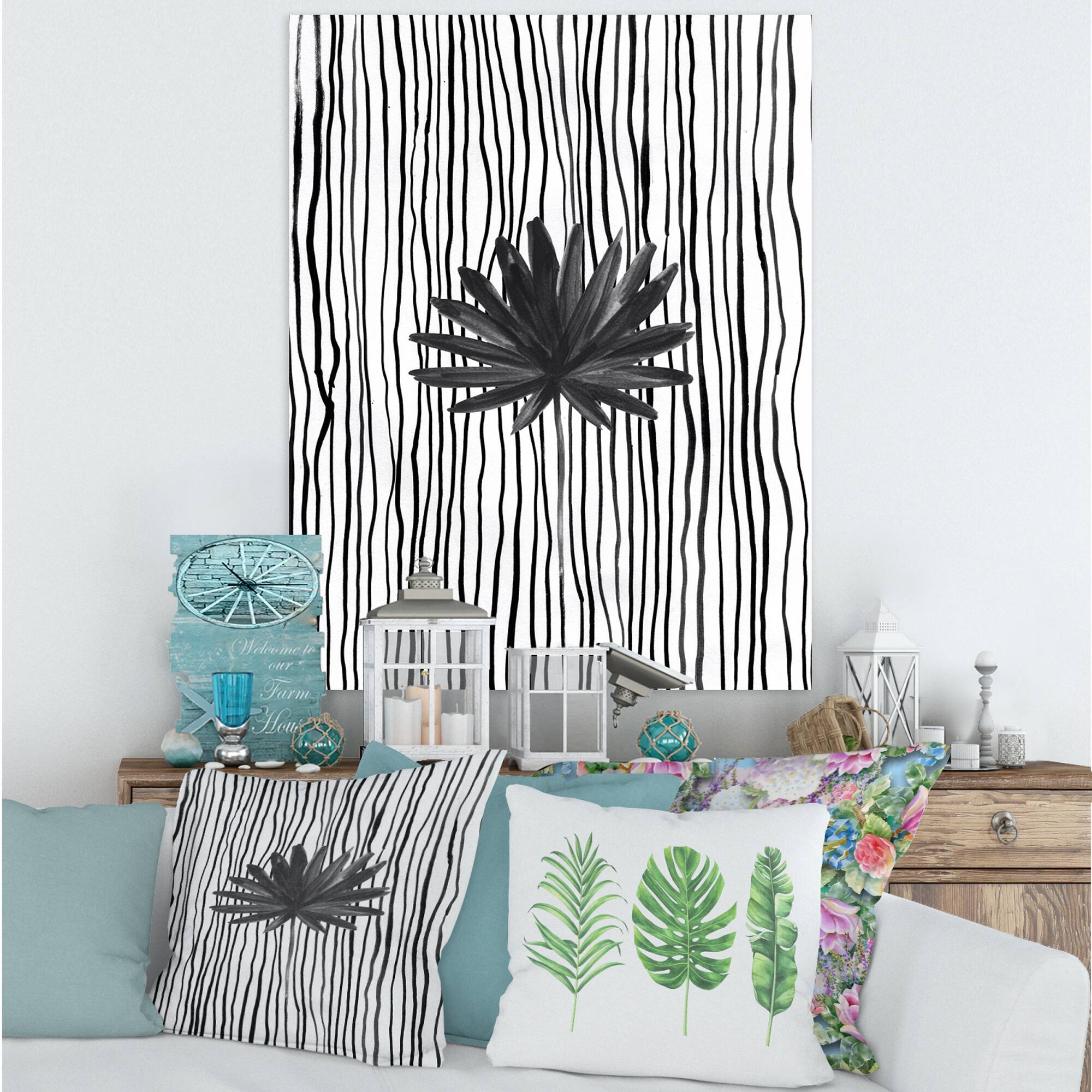 Designart - Black and White Tropical Leaf On Striped III - Modern Canvas Wall Art Print