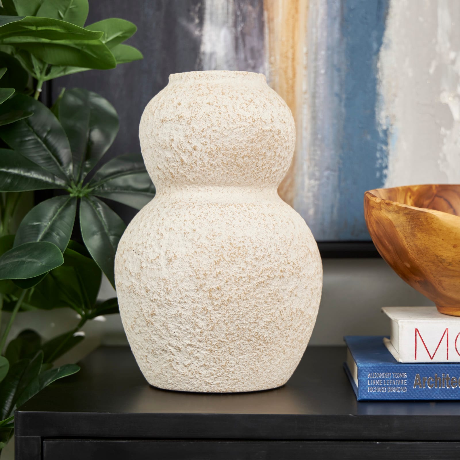 12" Cream Ceramic Hourglass Textured Vase