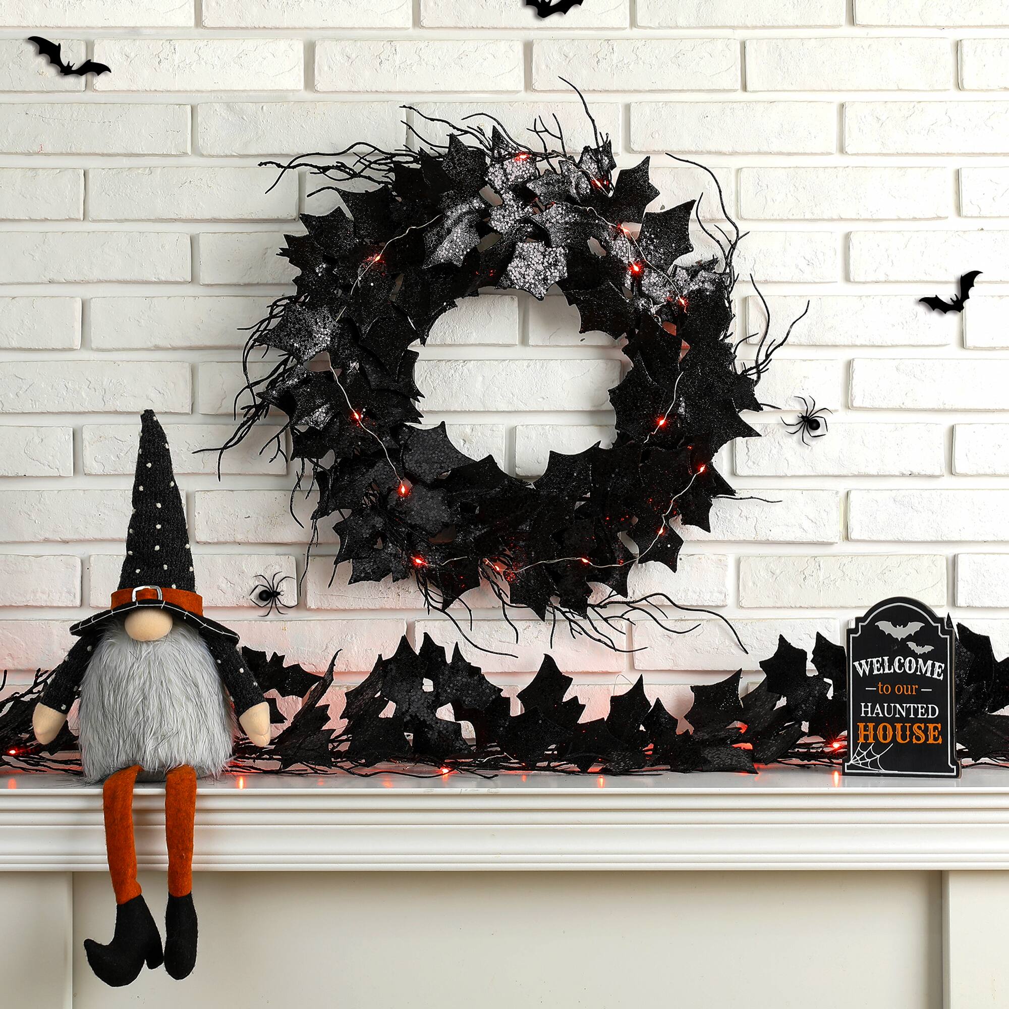 Glitzhome® Lighted Halloween Bat Garland & Wreath Set