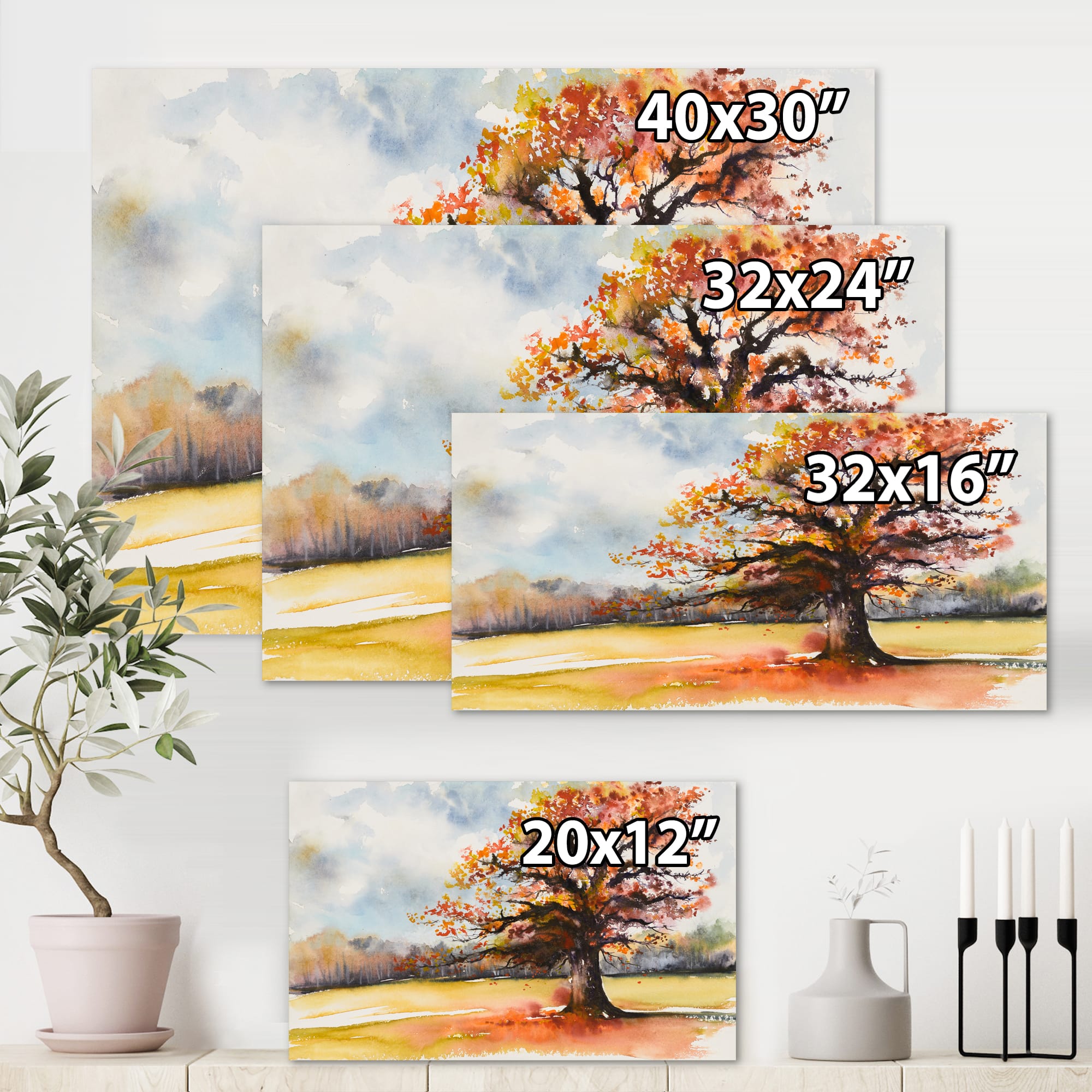 Designart - Lone Oak In The Fields With Autum Leaves - Traditional Canvas Wall Art Print