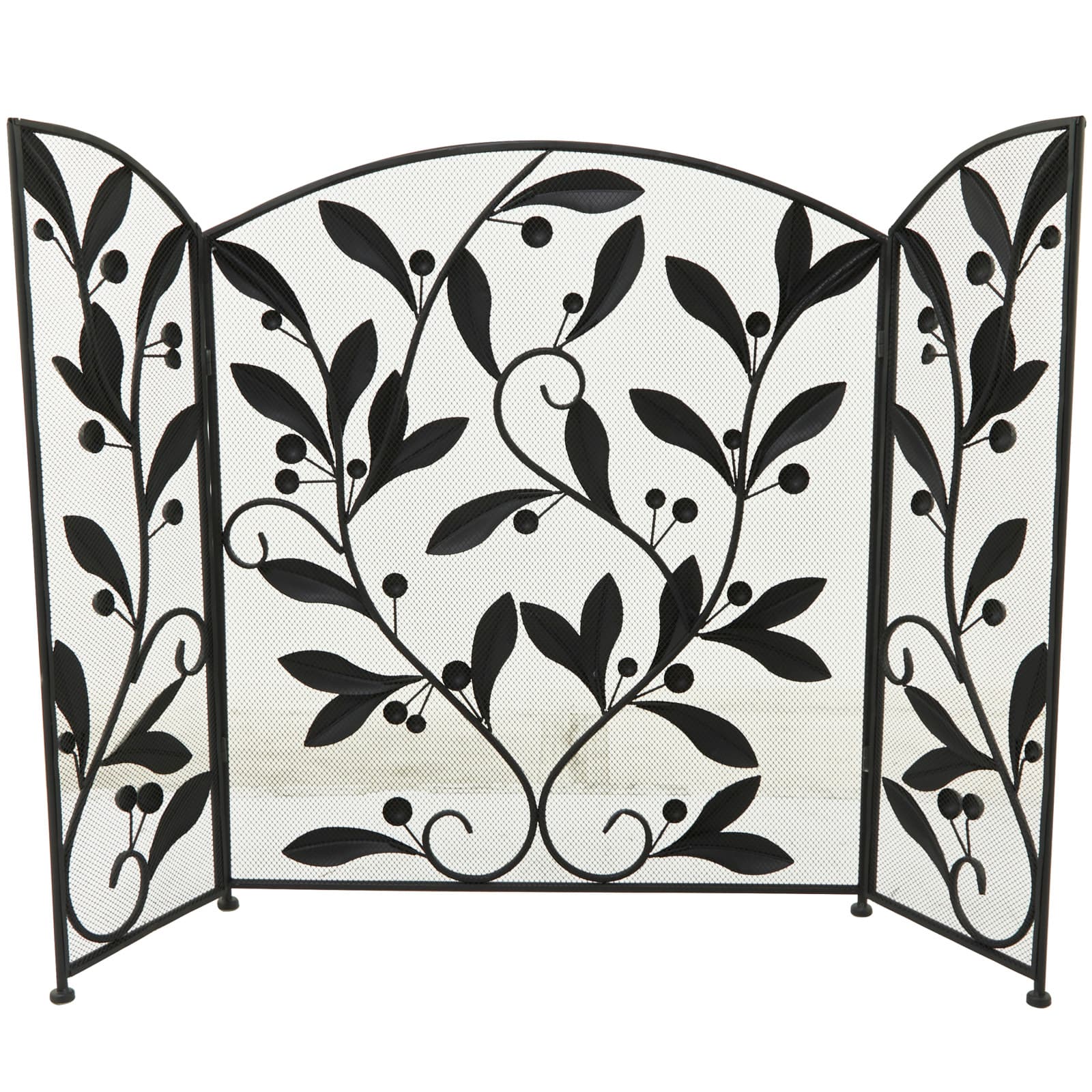 Black Metal Foldable Mesh Netting 3 Panel Scroll Fireplace Screen with Leaf and Vine Relief 45" x 1" x 30"