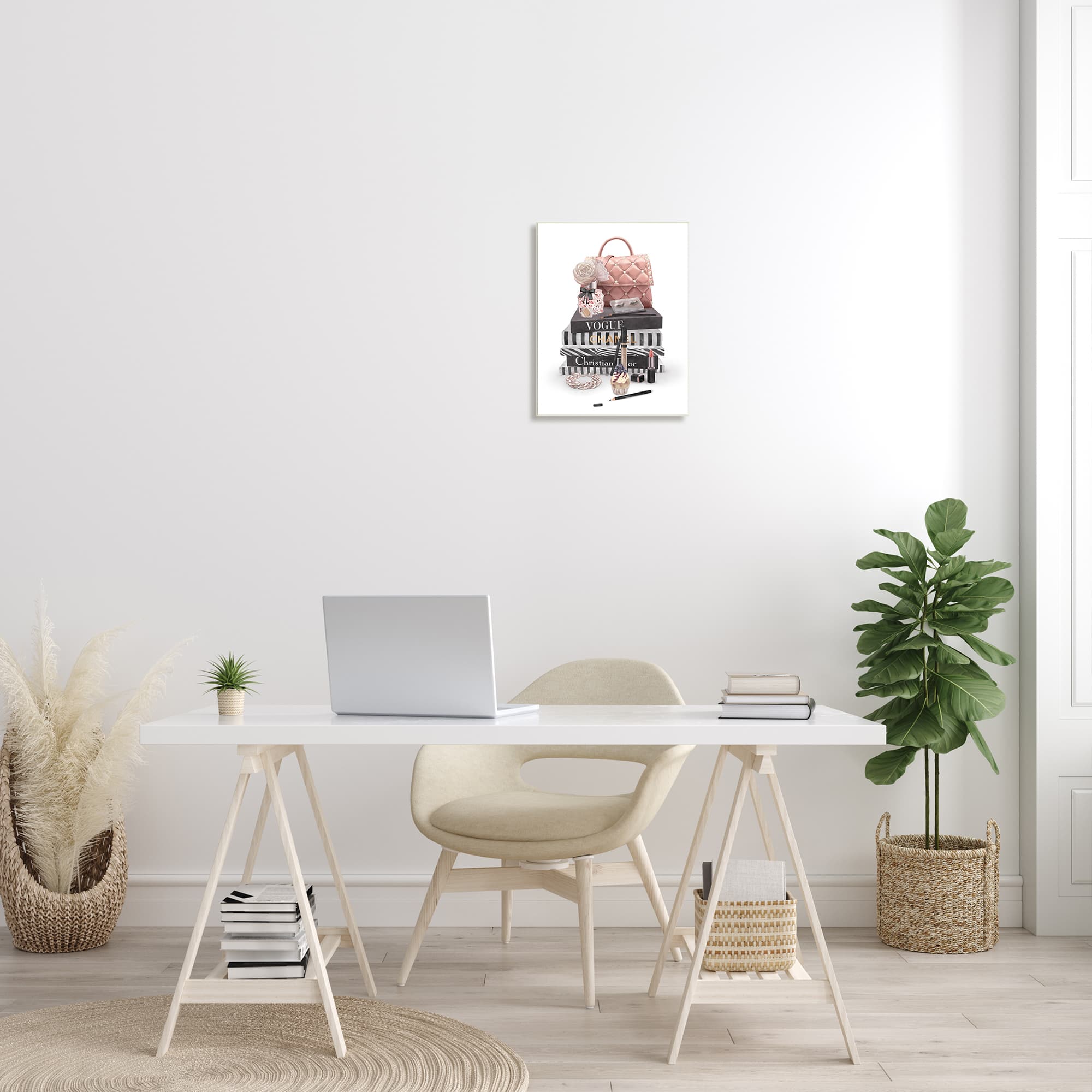 Stupell Industries Fashion Bookstack Purse Perfume Pink Glam Design Wood Wall Plaque