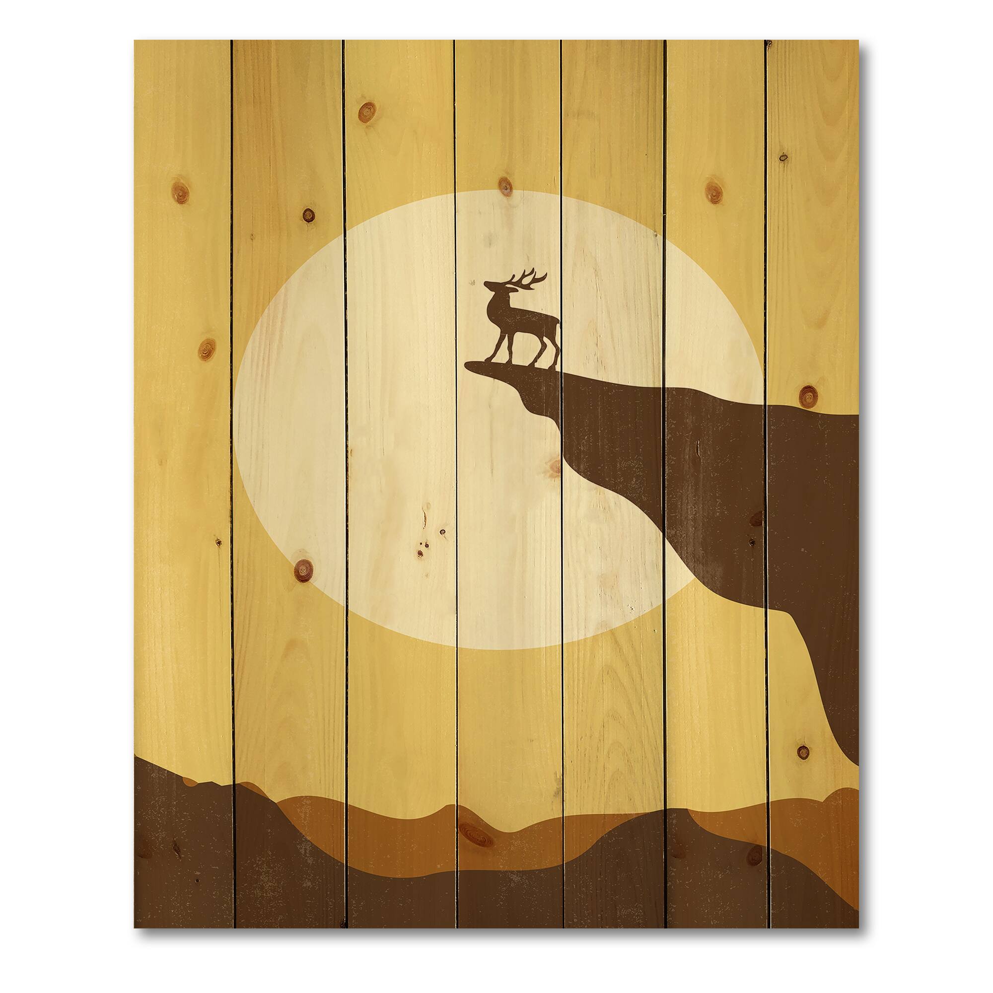 Designart - Minimalistic Deer At Sunset On Mountain Top Sunset - Lake House Print on Natural Pine Wood